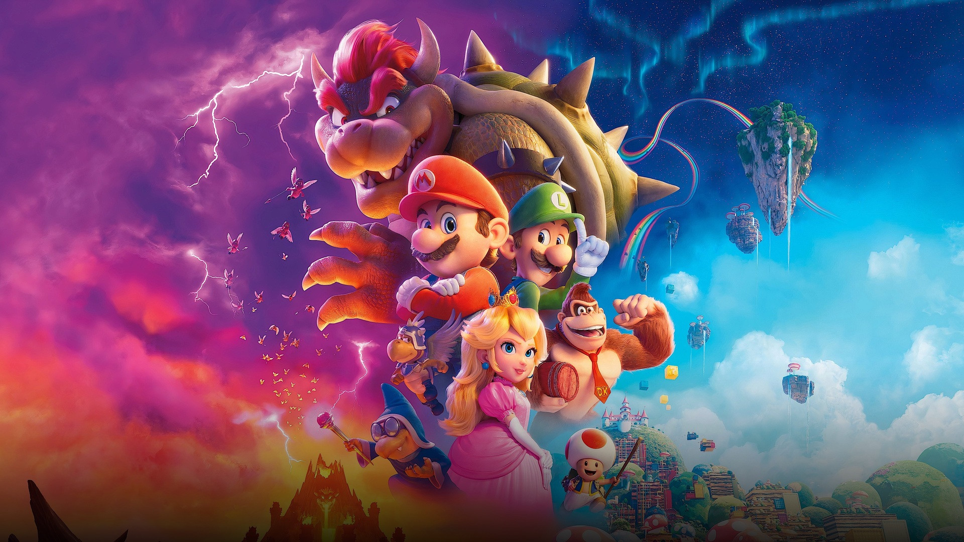 Mario, Luigi, and Princess Peach overlooking the colorful Mushroom Kingdom.