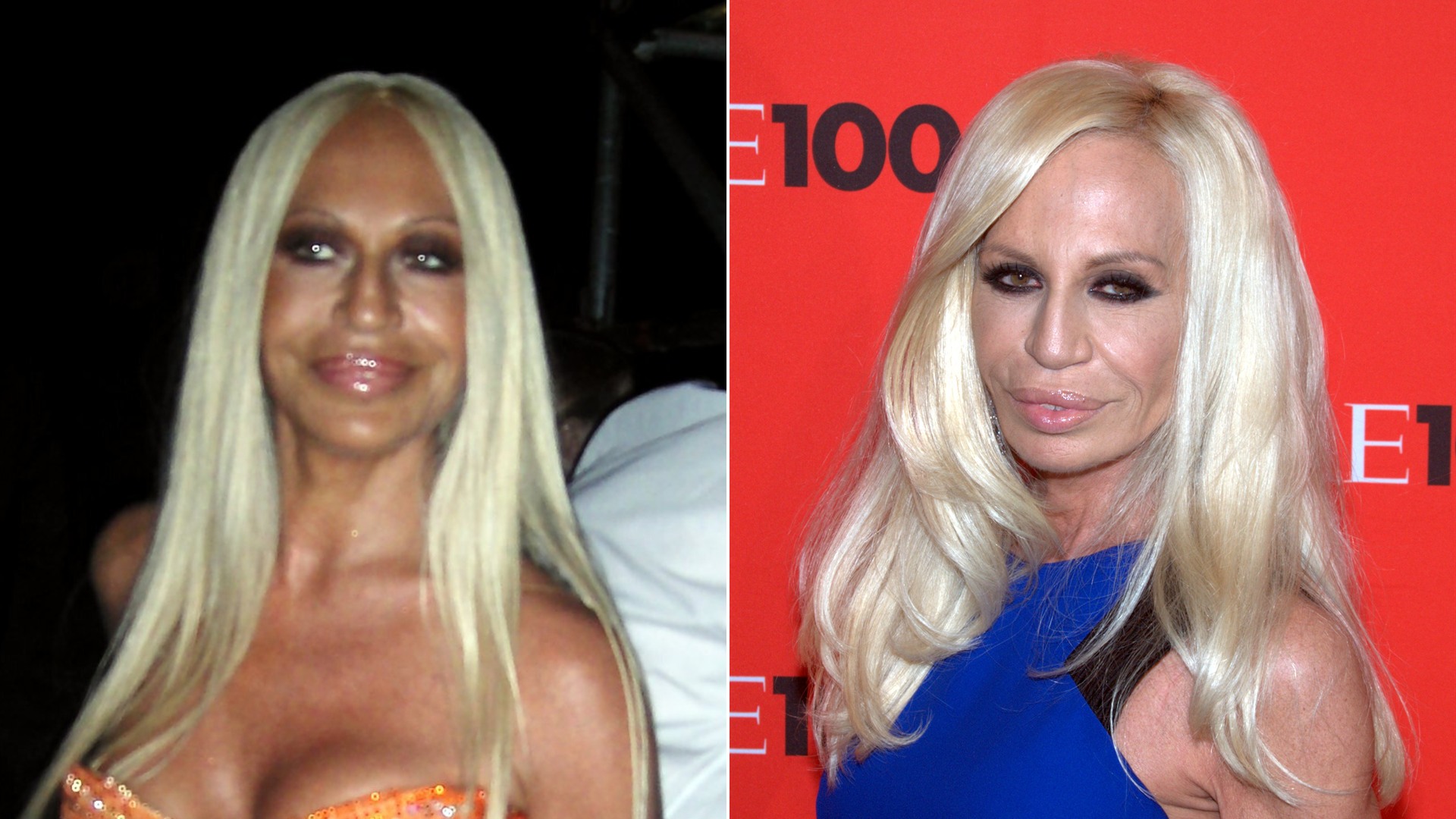 50/50 split comparison of Donatella Versace earlier in her career and in 2010