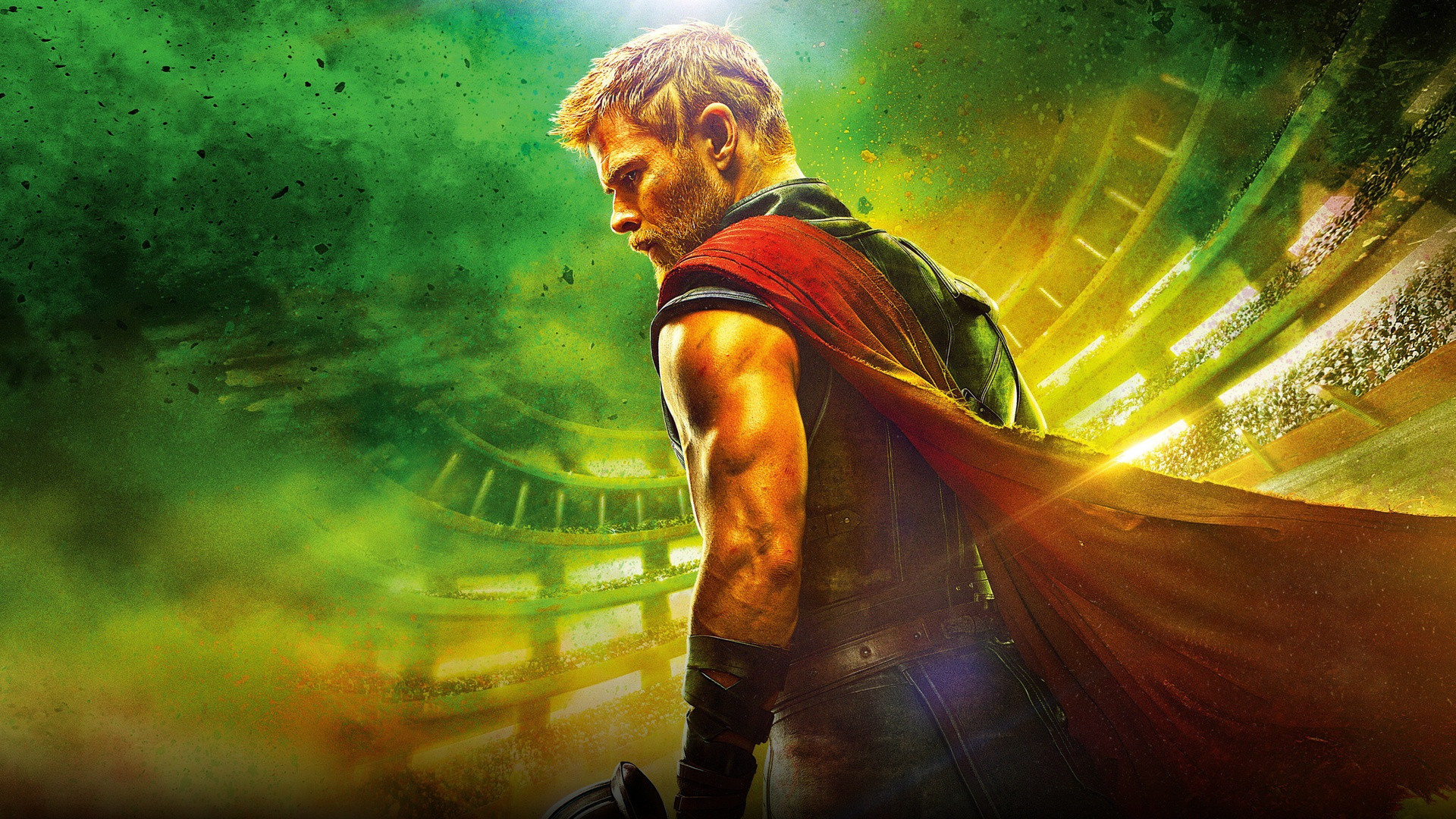 Chris Hemsworth as Thor in gladiatorial combat armor and flowing red cape.