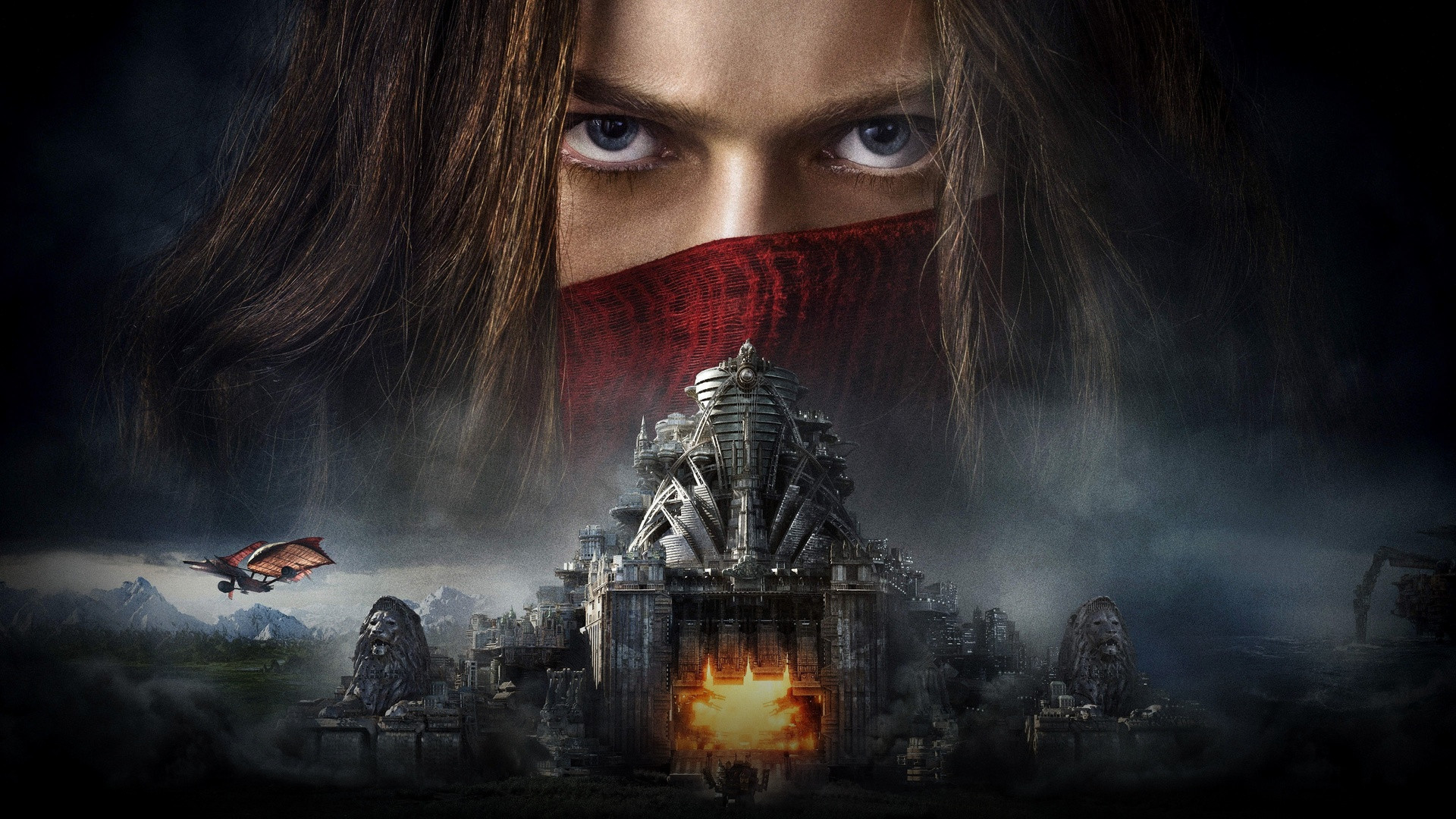 Hester Shaw peering over her red scarf above the mechanized traction city of London in Mortal Engines.
