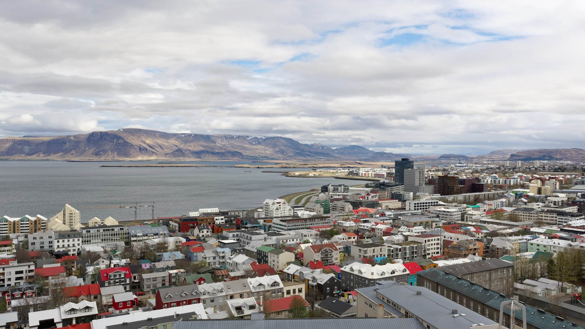 The towering expressionist concrete facade of Hallgrimskirkja church overlooking colorful Reykjavik rooftops.