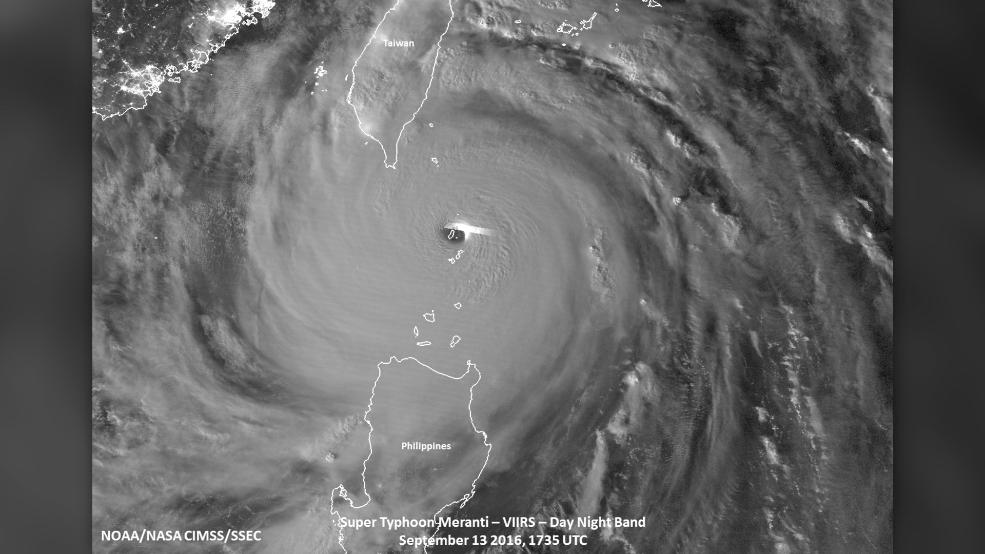 Suomi NPP Day-Night Band satellite capture of Super Typhoon Meranti hitting Itbayat at peak 195 mph intensity.