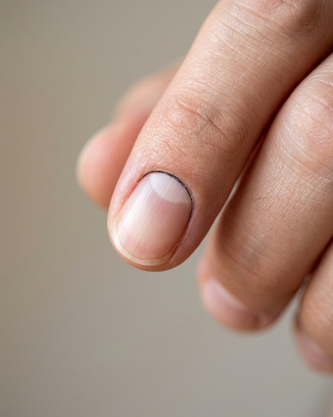 Macro shot of a clean fingernail, the pale half-moon clearly visible at the base of the nail.