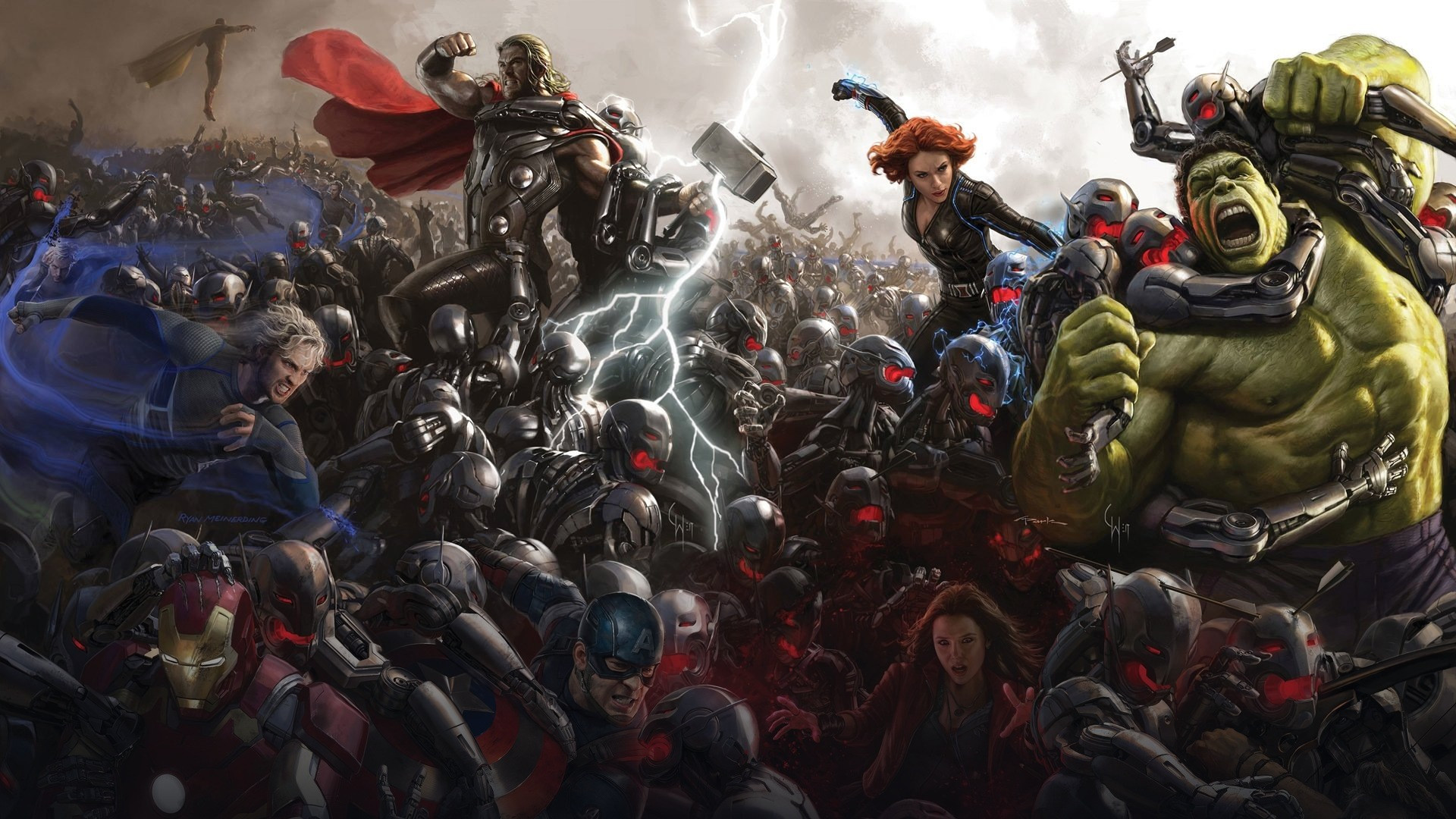The Avengers team confronting Ultron and his robotic sentries.