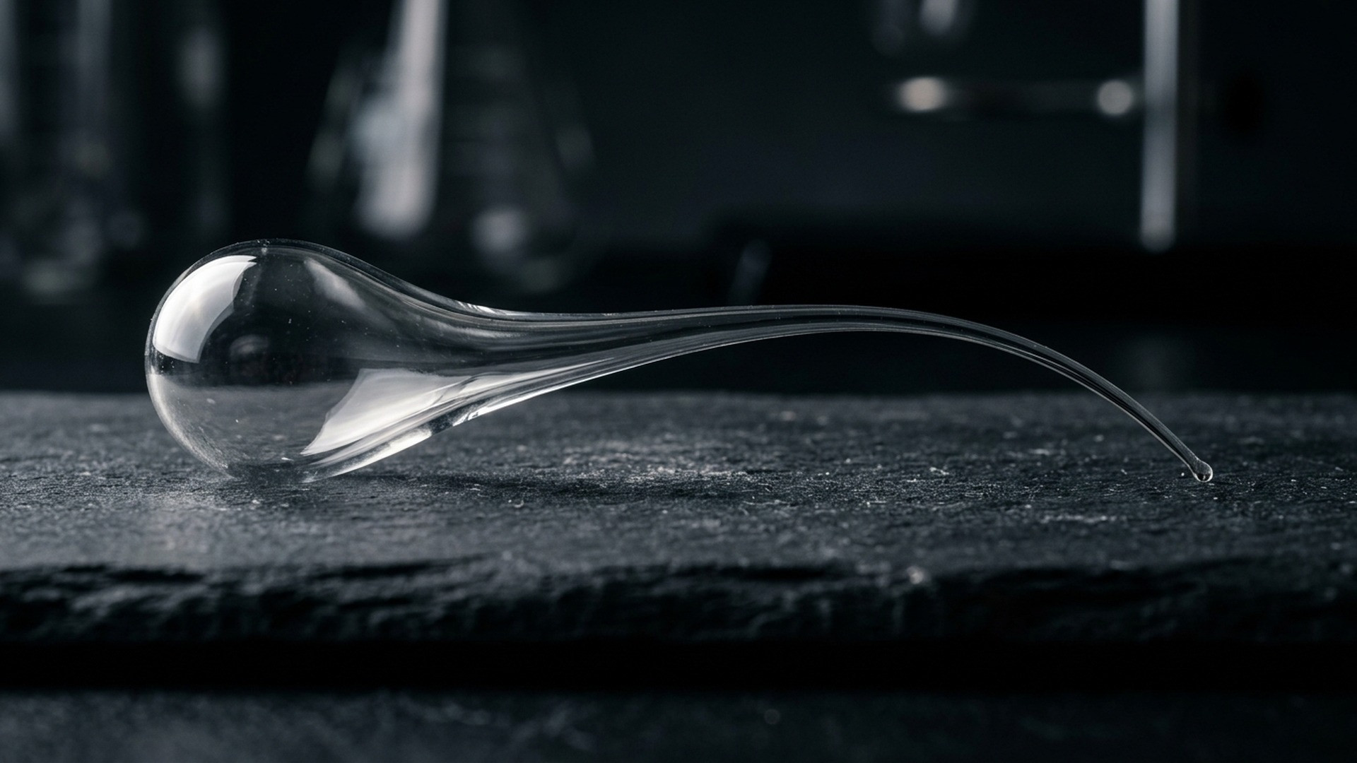 Macro high-speed photograph of a tadpole-shaped glass drop resting on black velvet, showing its bulbous head and hair-thin tail.