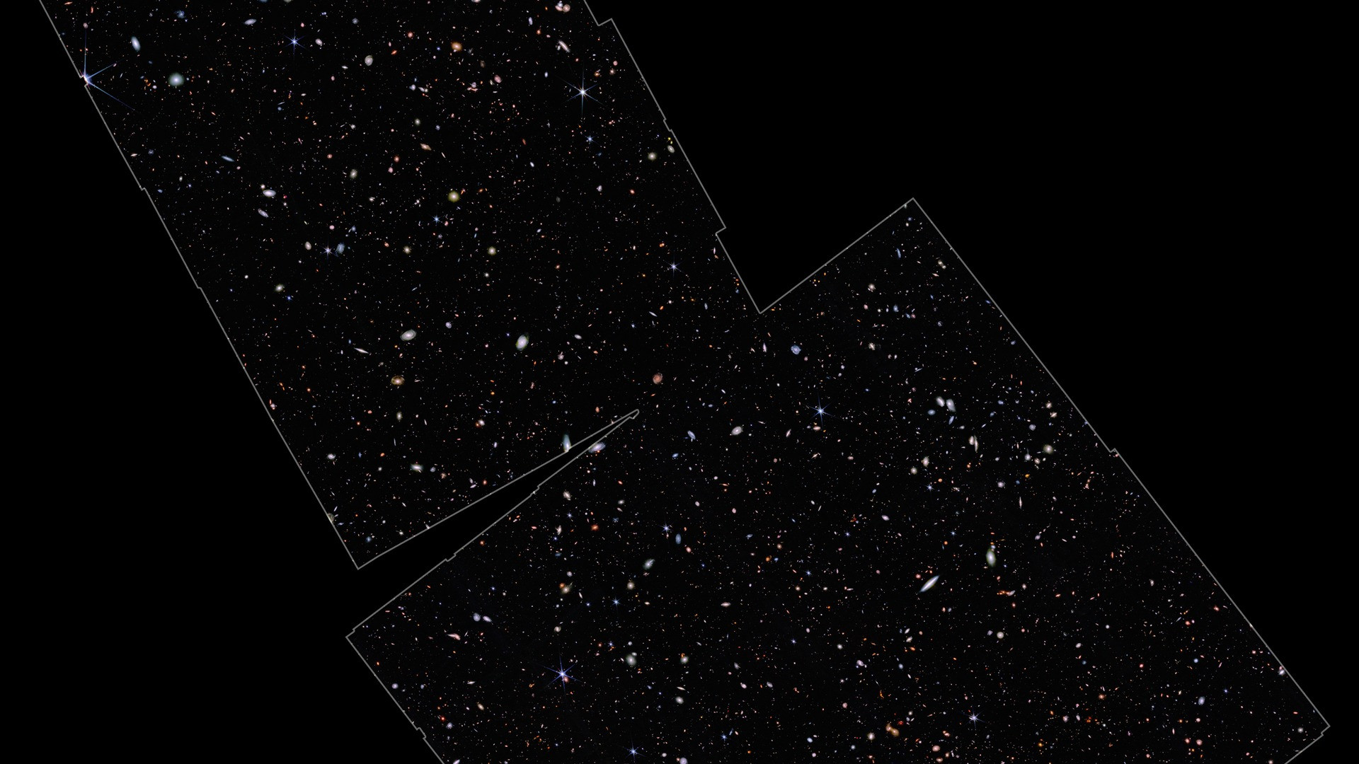 Webb deep infrared survey field highlighting compact red early galaxy candidates.
