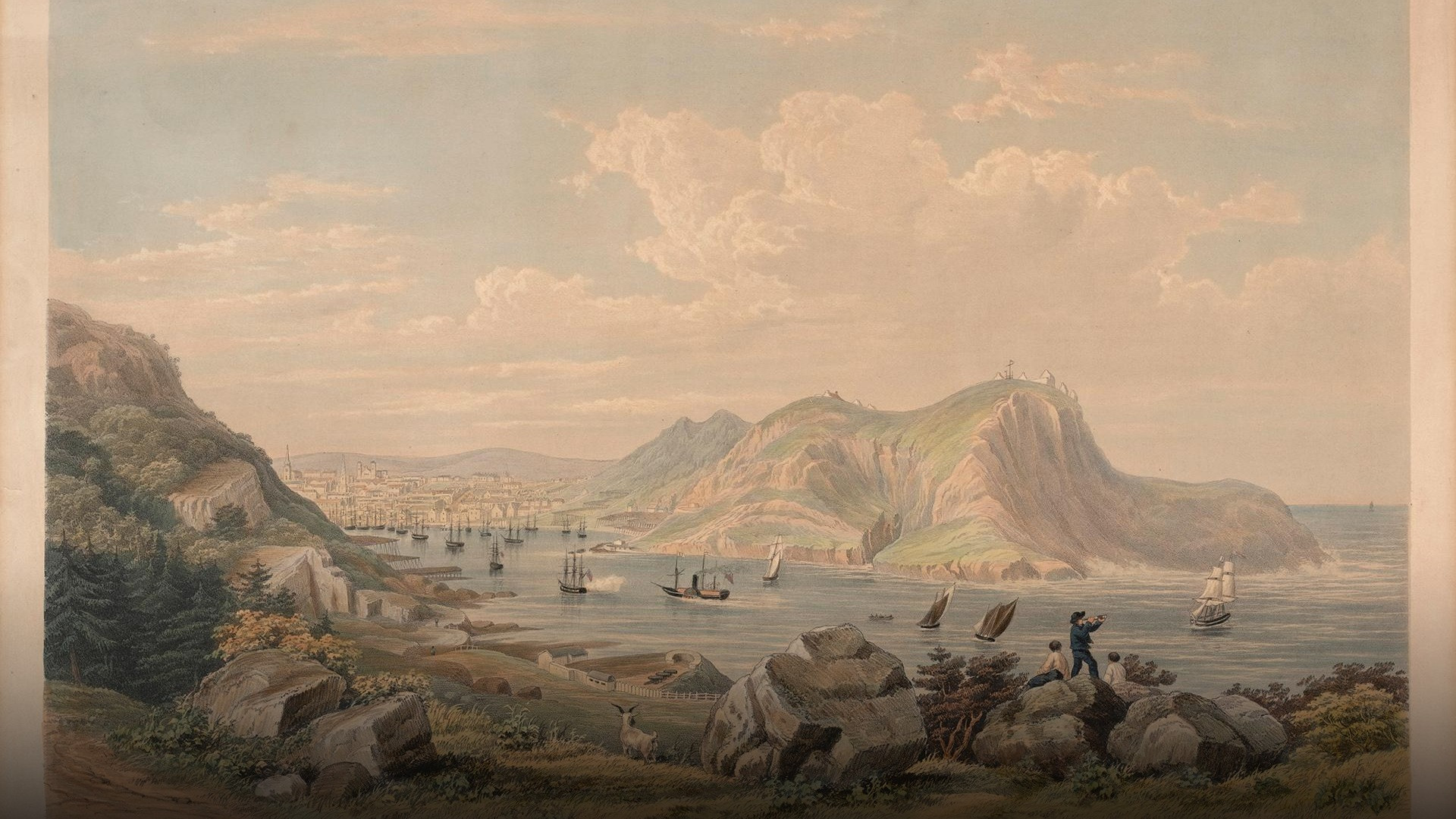 A historical 19th-century view of the harbour and town of St. John's, Newfoundland.