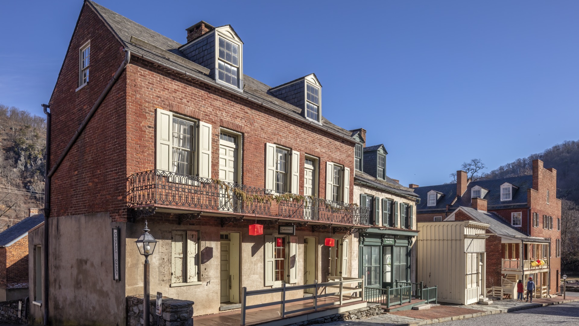 Historic 19th-century brick storefronts on Lower High Street in Harpers Ferry, West Virginia