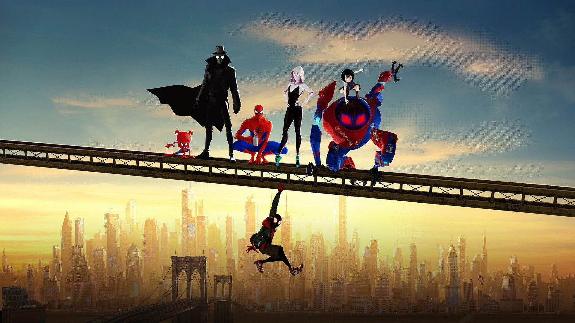 Miles Morales falls upward against the glowing night skyline of New York City in Spider-Man: Into the Spider-Verse.