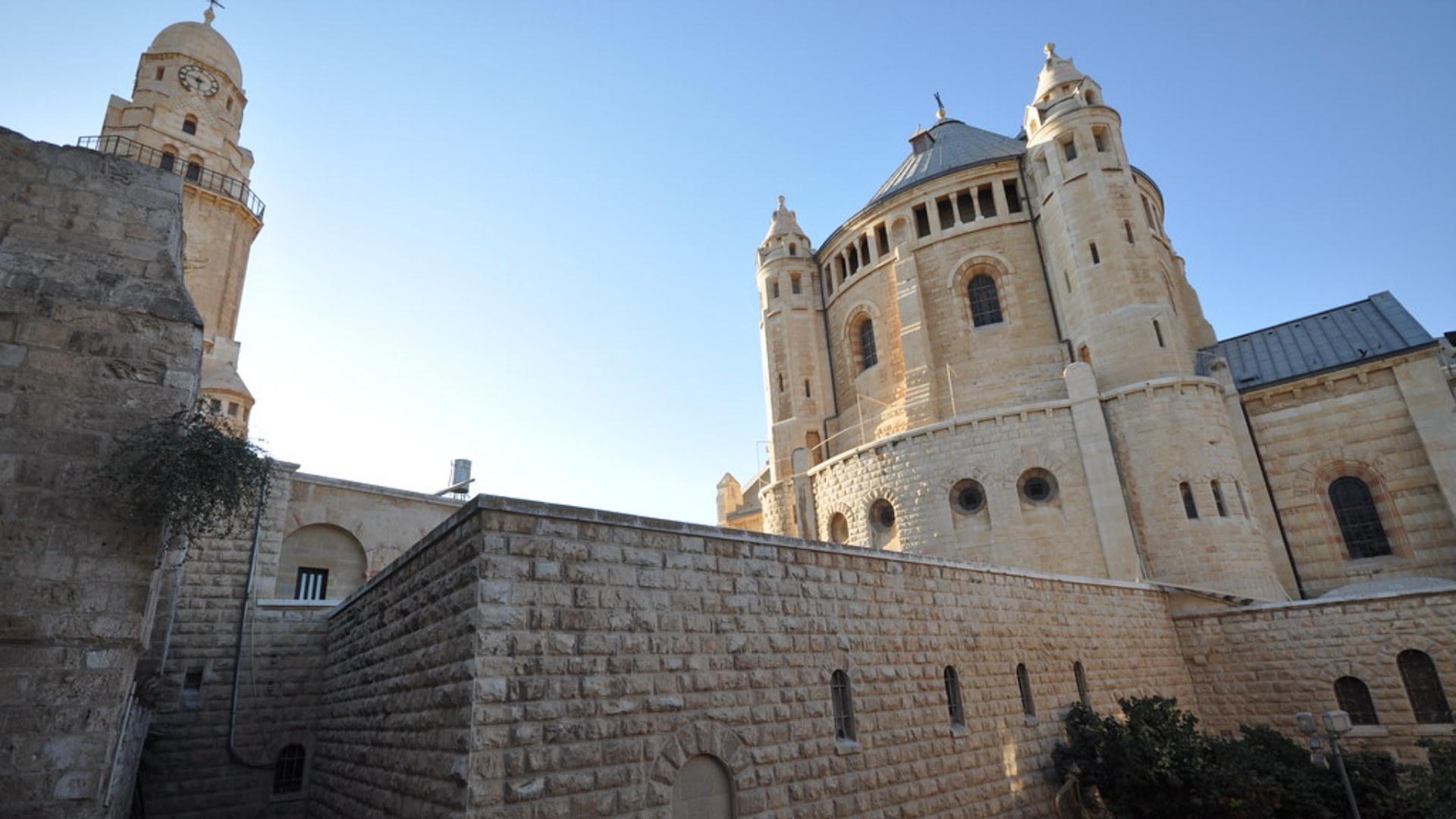 Dormition Abbey exterior on Mount Zion Jerusalem at dusk