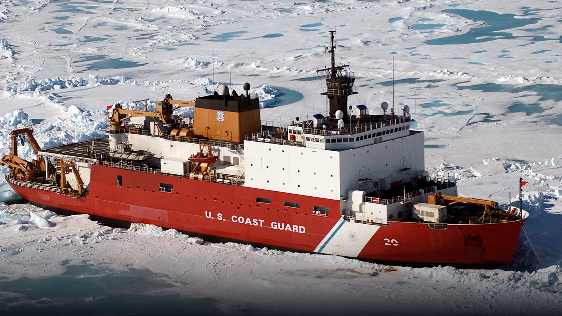 Arctic research and survey vessel navigating icy polar waters.