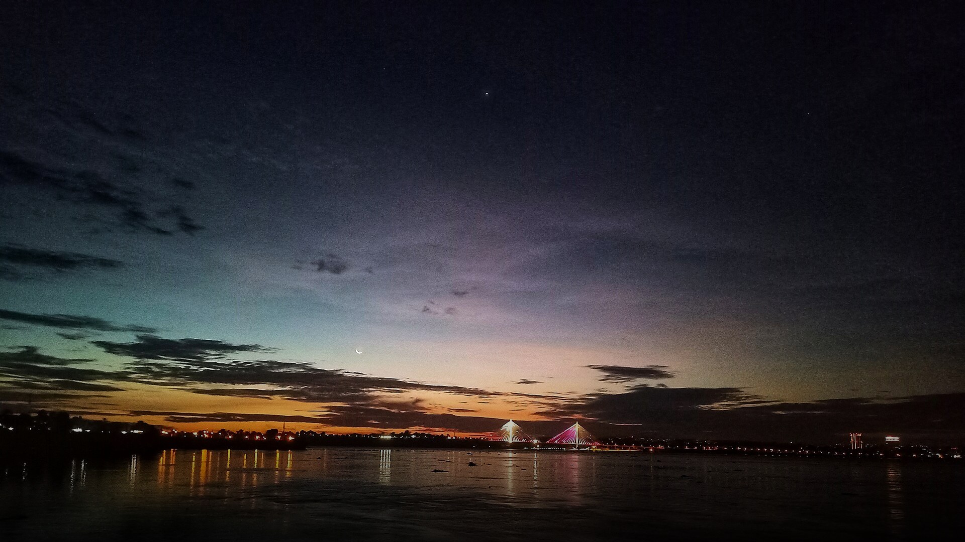 Sweeping view of the expansive Congo River and urban shoreline looking toward the bridge from Kinshasa.