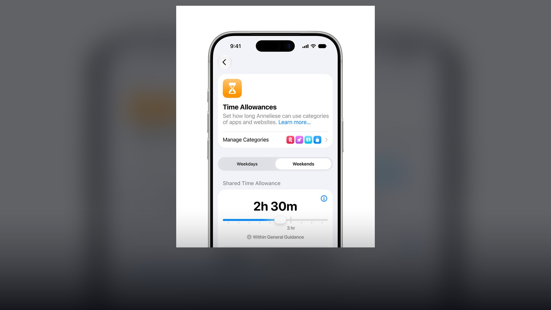 iPhone Settings displaying child safety Time Allowances and category schedules.