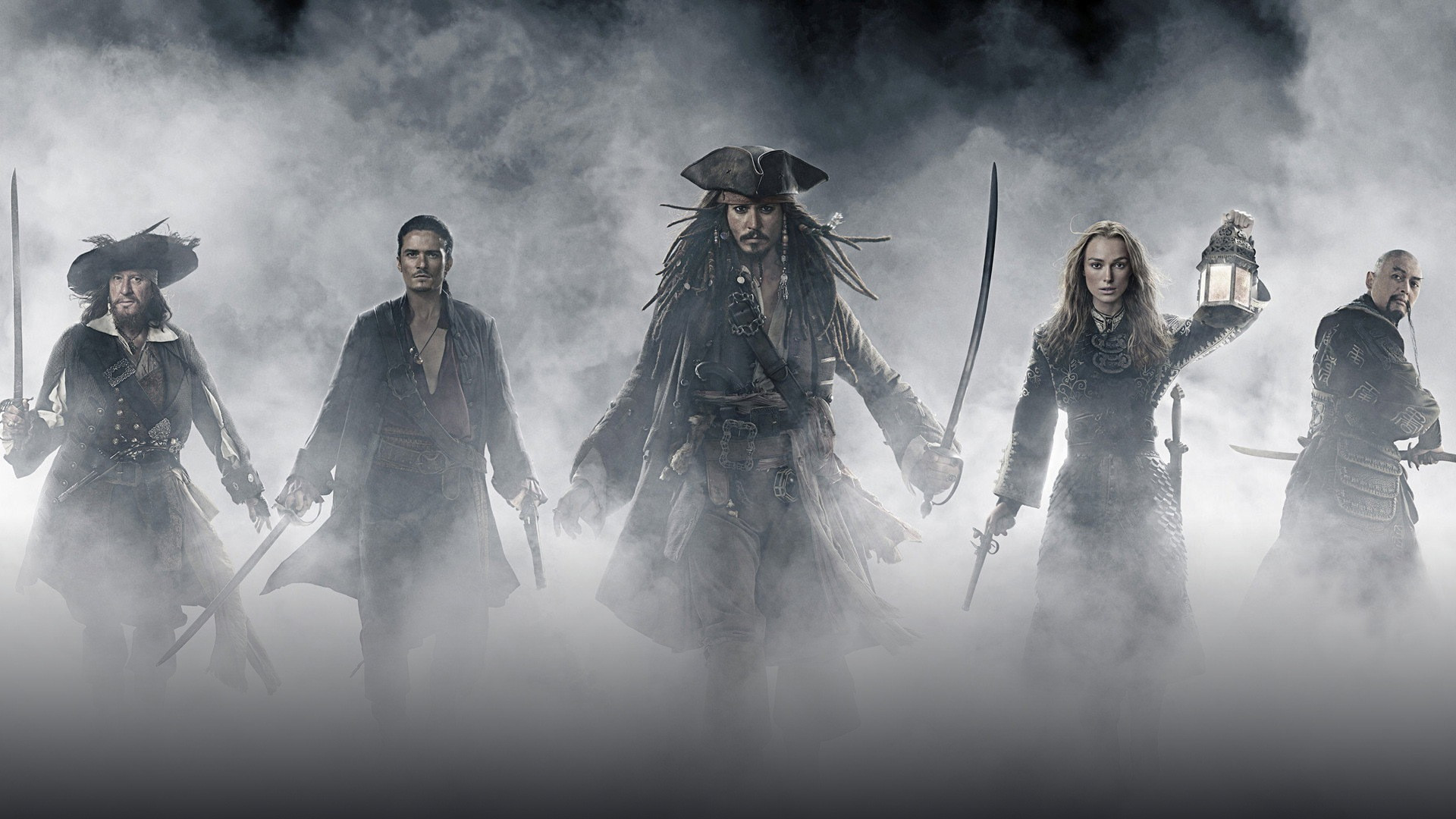 Captain Jack Sparrow and the pirate fleet sailing in Pirates of the Caribbean.