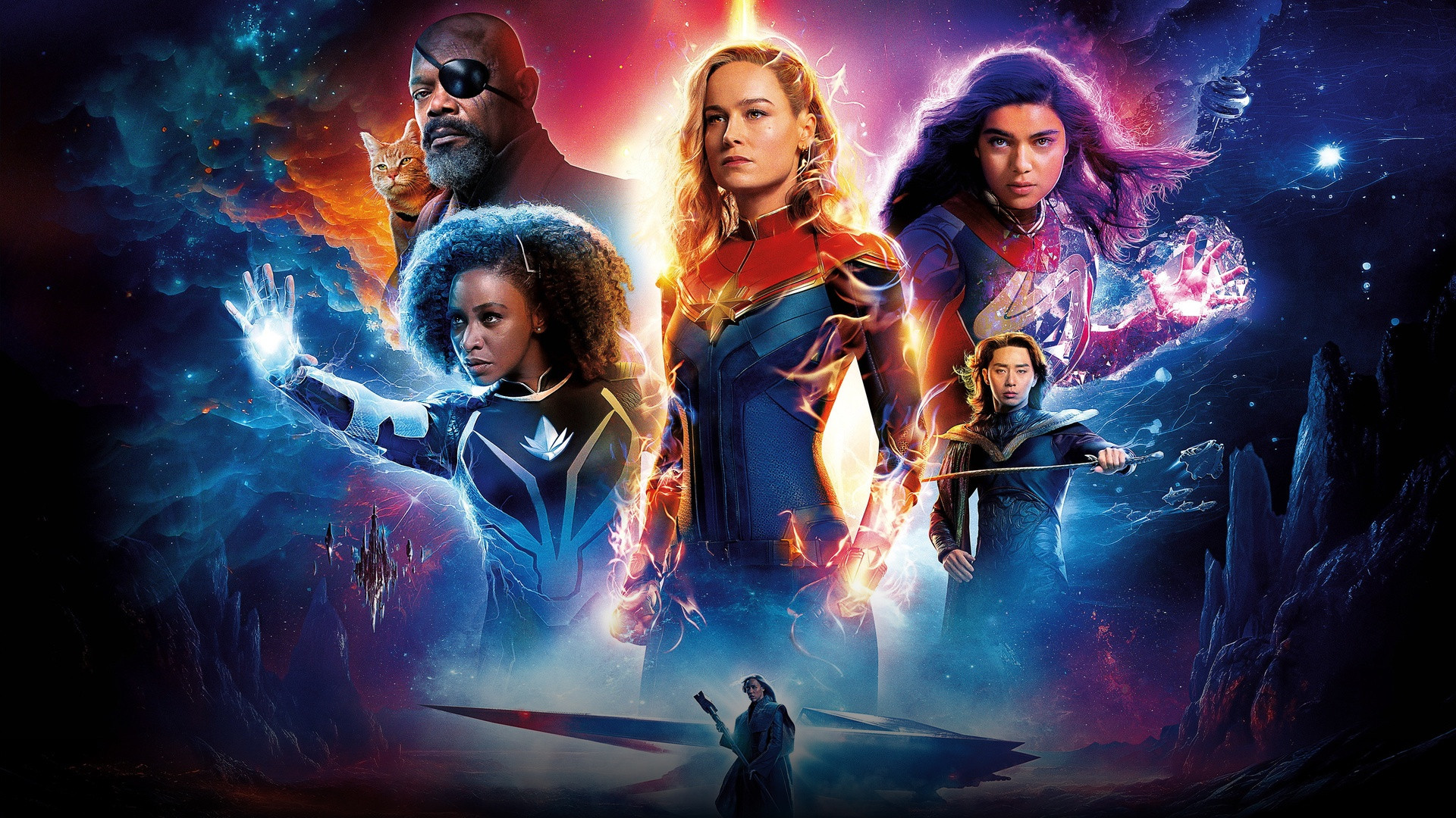 Brie Larson, Teyonah Parris, and Iman Vellani channeling cosmic energy powers in The Marvels.