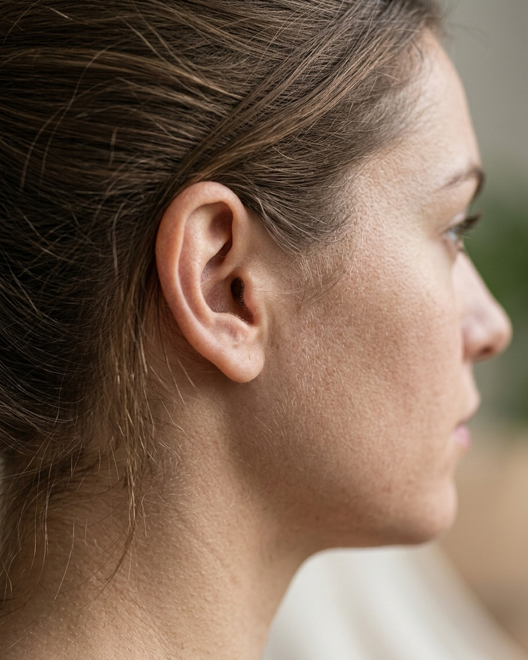 Side profile macro shot of an ear showing the small rounded cartilage projection covering the canal opening.