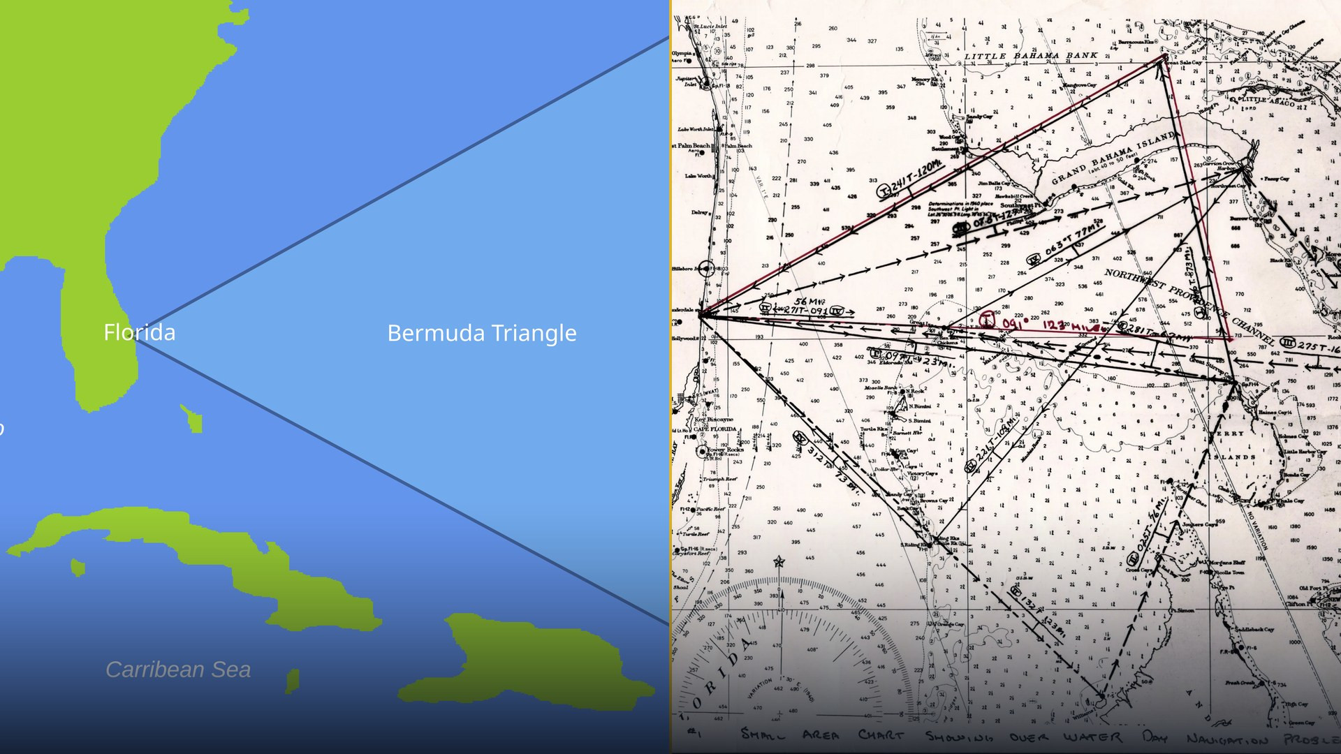 Detailed geographic and navigation map of the Bermuda Triangle between Miami, Bermuda, and Puerto Rico.