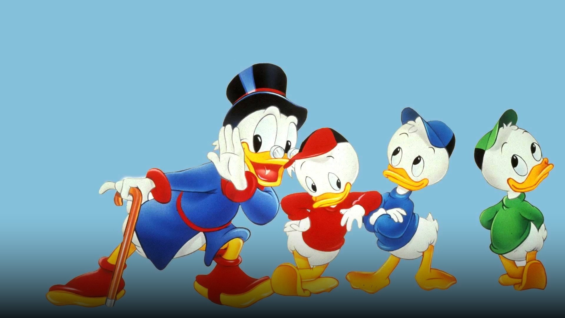 Original 1987 Walt Disney animation artwork of Scrooge McDuck and his three nephews Huey, Dewey, and Louie.
