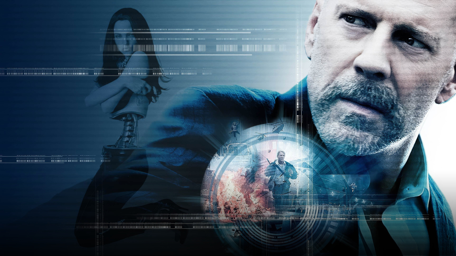 Bruce Willis walking through a futuristic metropolis surrounded by synthetic, poreless human robotic avatars