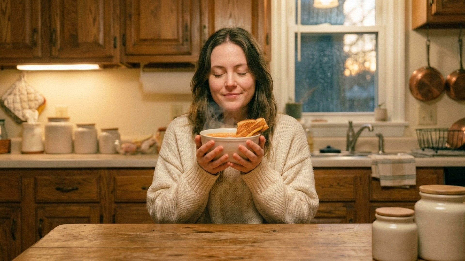 A woman in a cream knit sweater holding a steaming bowl of homemade soup and bread with eyes closed.