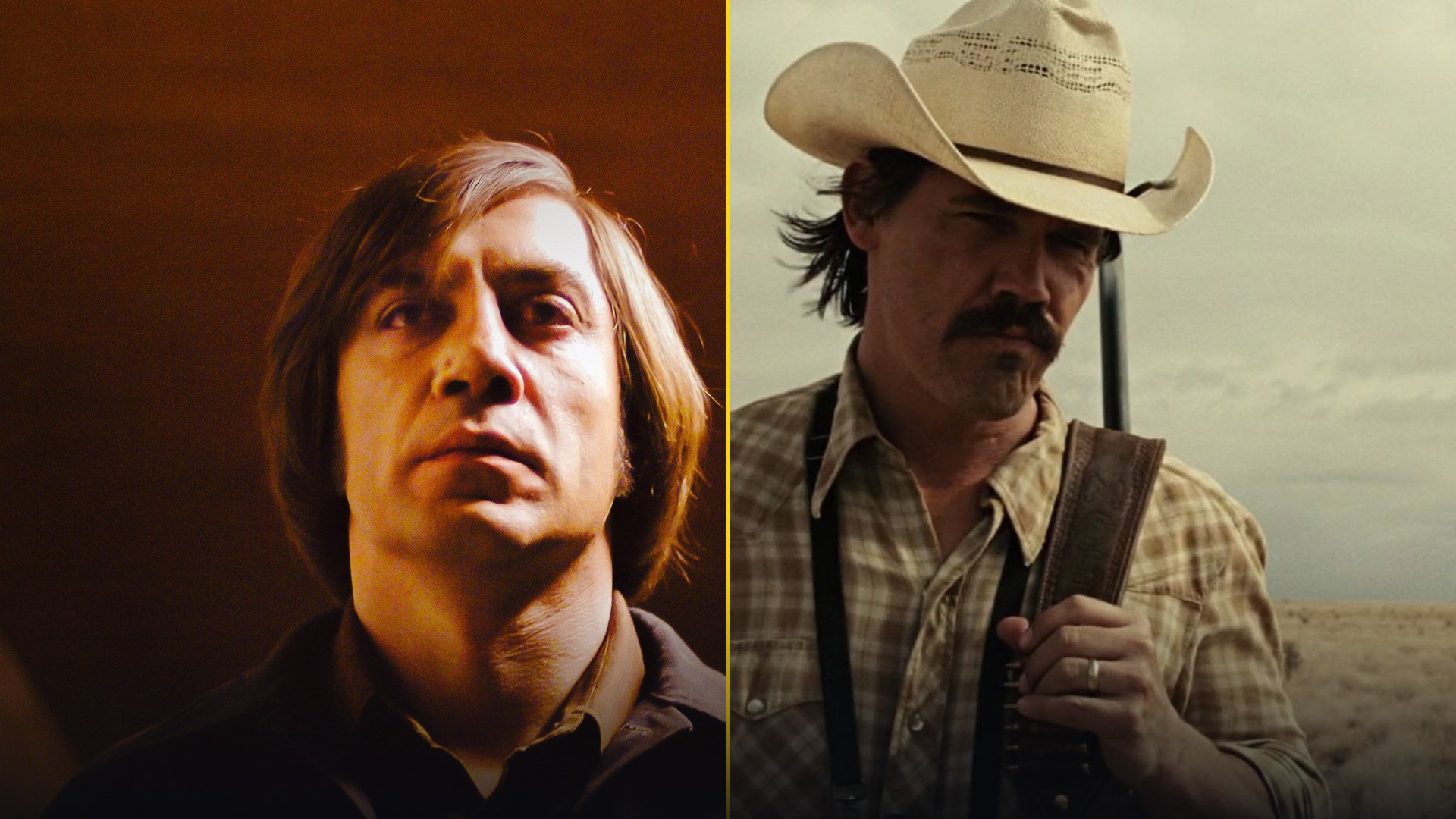 50/50 face-off split featuring Javier Bardem as Anton Chigurh with a deadpan stare on the left and Josh Brolin as Llewelyn Moss in a cowboy hat on the right.