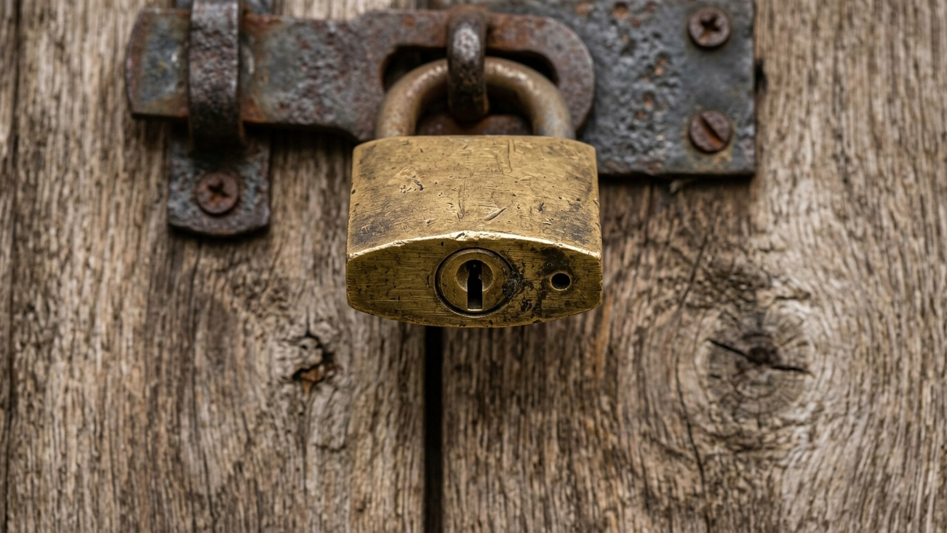 Underside of a solid brass padlock hanging from an iron latch, showing the small circular drainage weep hole.