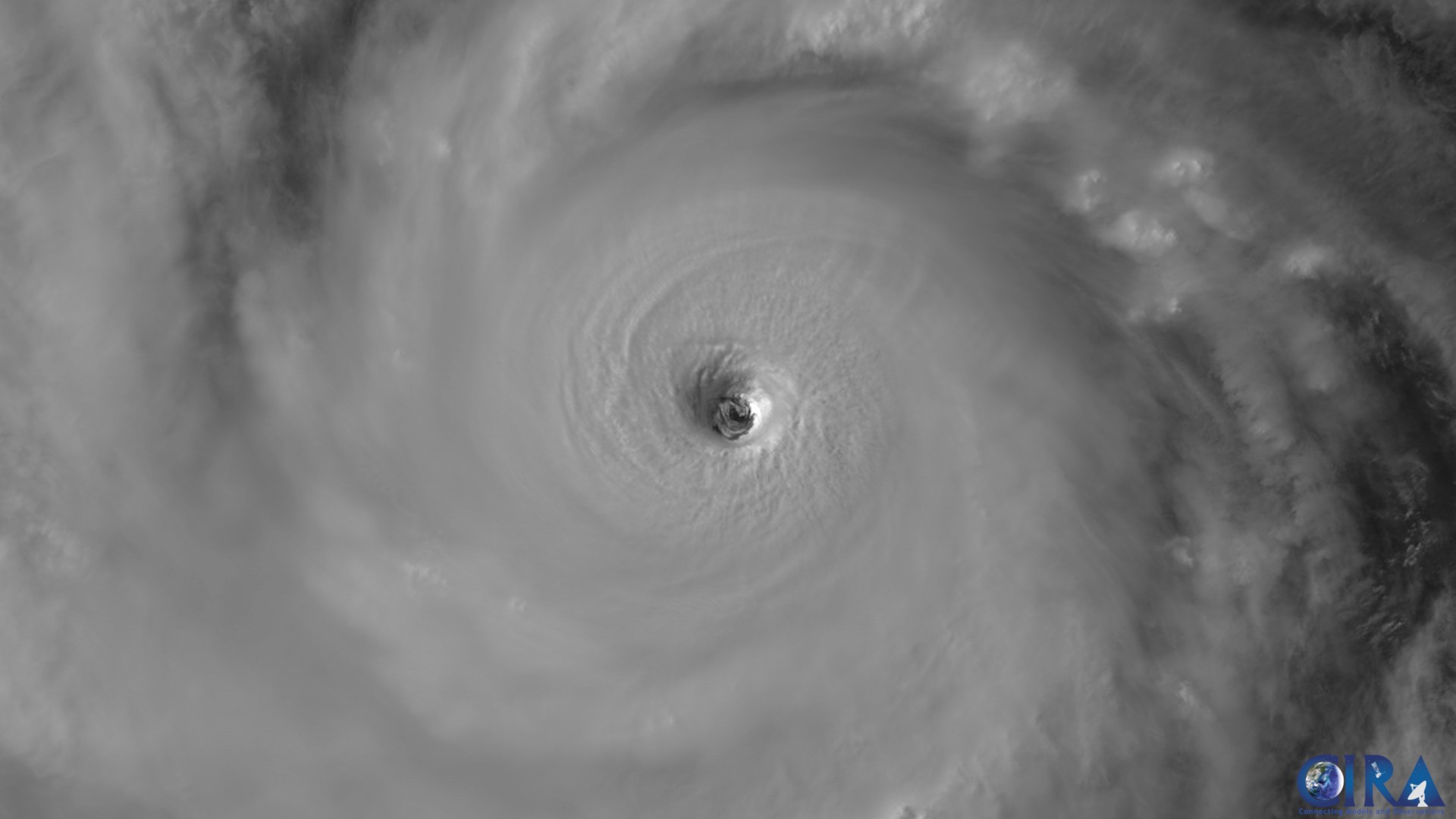 High-resolution Himawari/CIRA satellite view of a churning Western Pacific super typhoon eye.