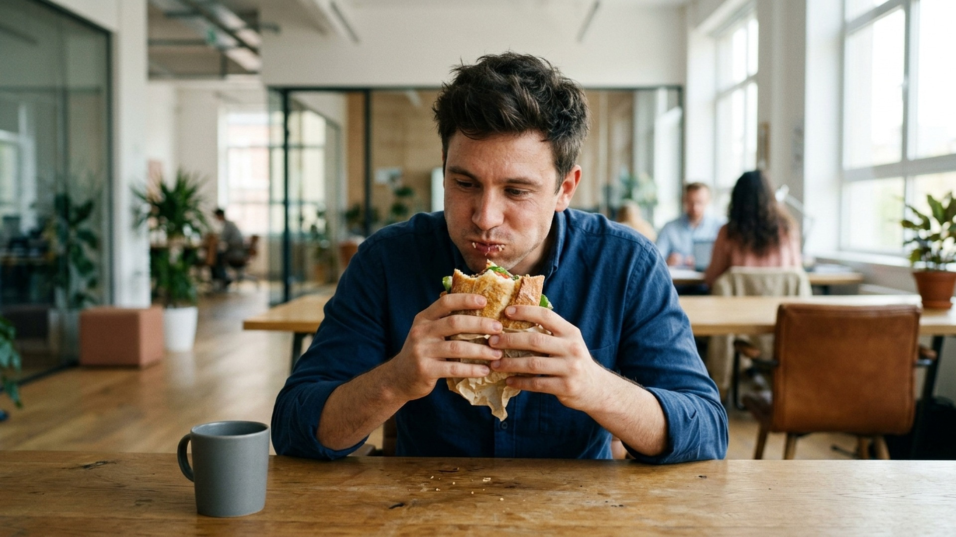 A professional taking a hurried, intense bite of a deli sandwich at a clean wooden office desk.