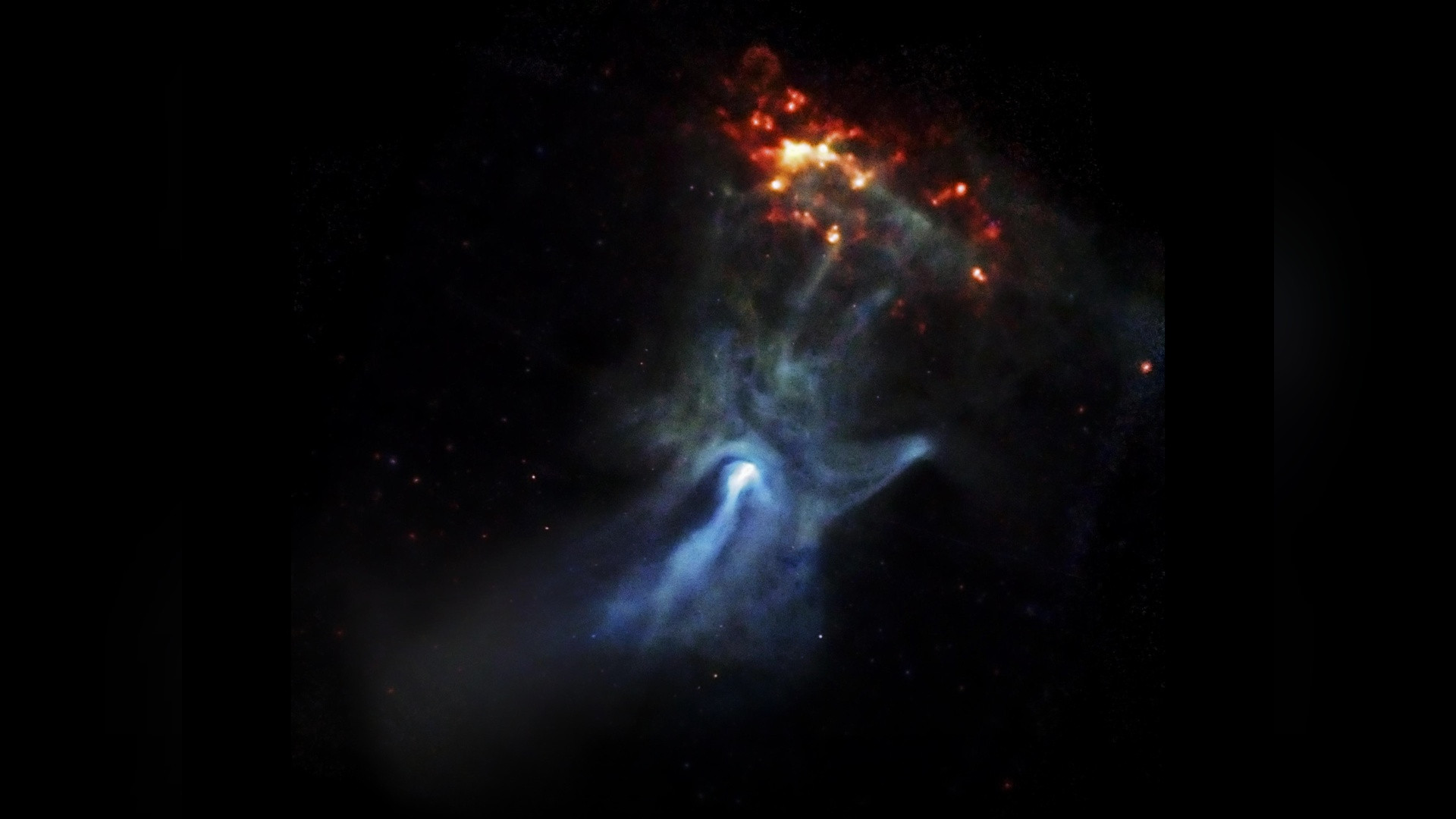 NASA Chandra X-ray Observatory image of pulsar wind nebula PSR B1509-58 resembling an outstretched celestial hand.