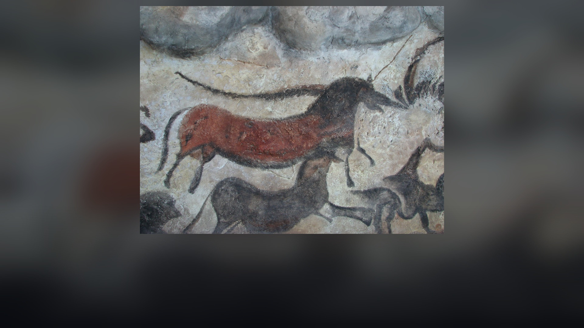 Prehistoric cave painting depicting a large brown bull and horses at Lascaux.