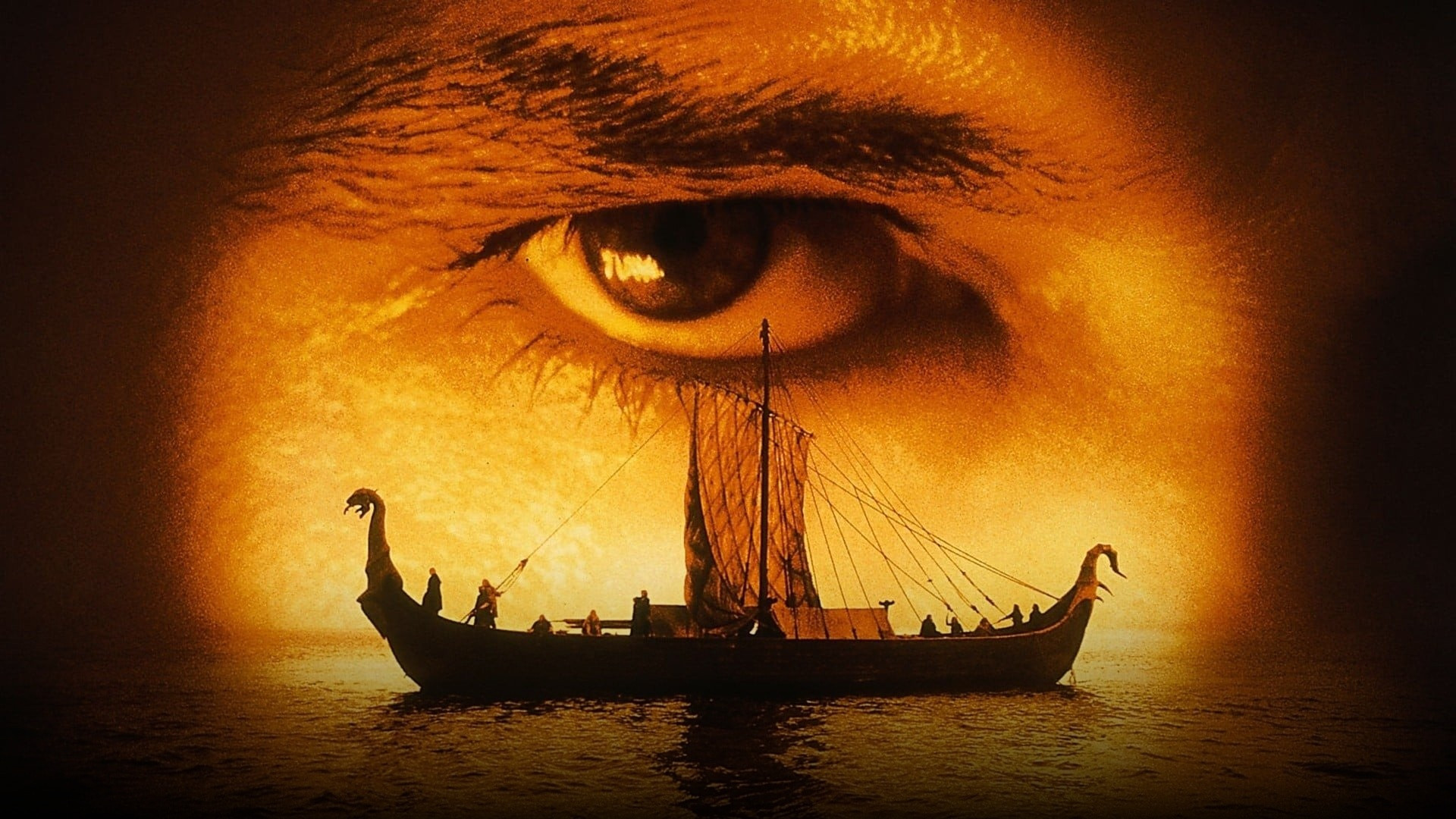 A Norse Viking dragon ship sailing beneath a massive fiery eye in The 13th Warrior.
