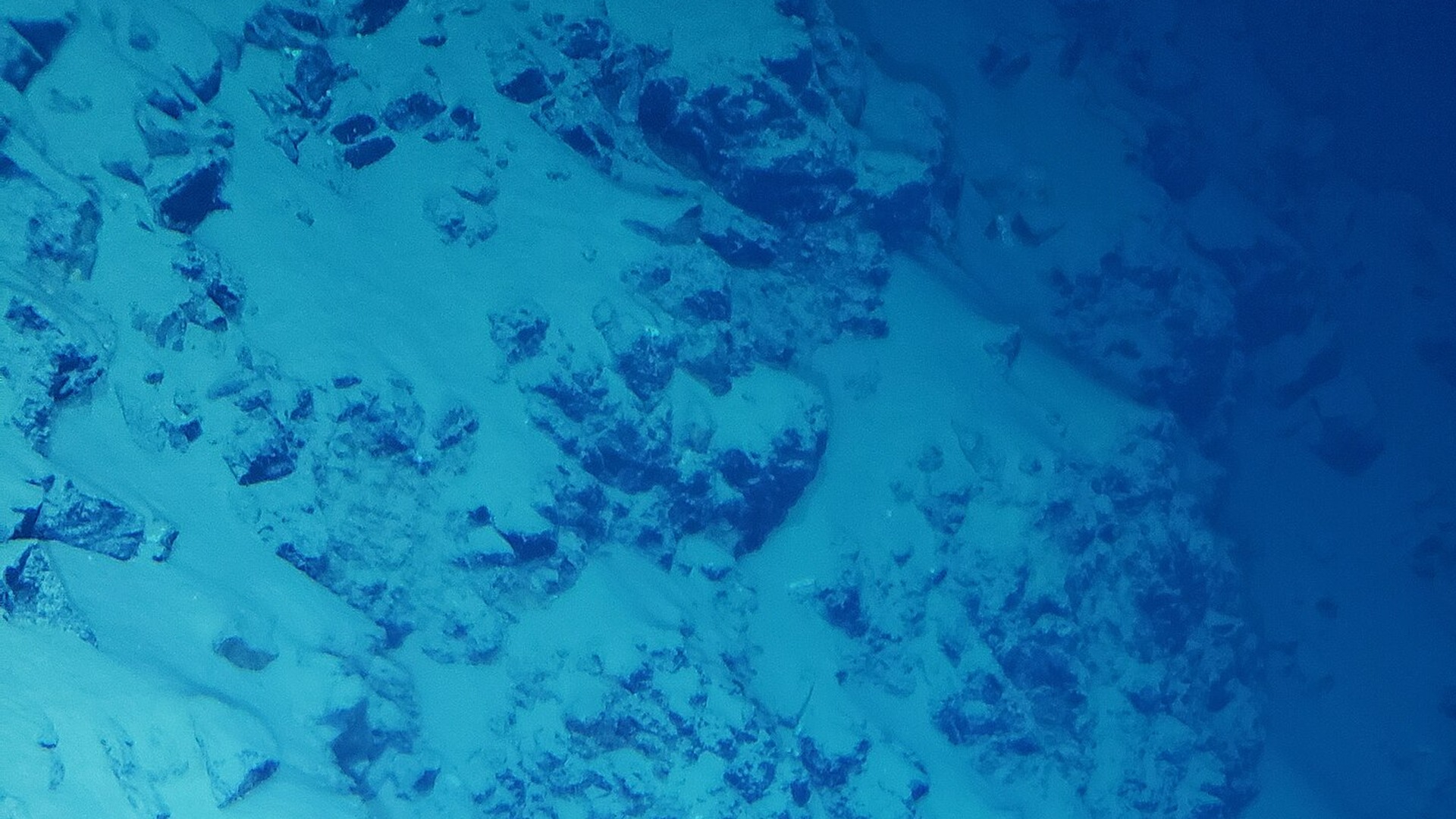Submersible view of the steep rock wall and sediment-dusted boulders in Challenger Deep at 36,000 feet.