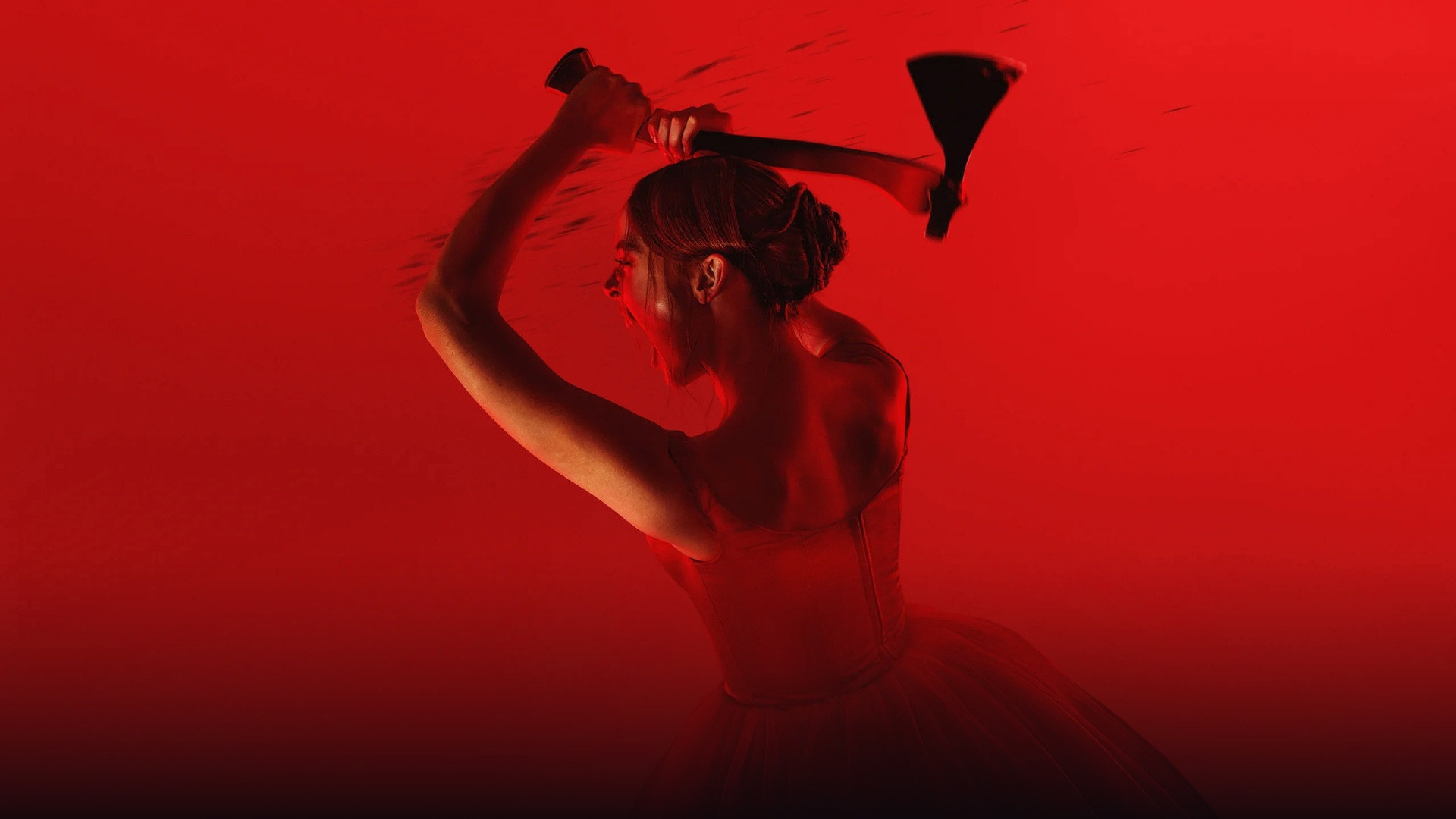 Lizzie Borden in a crimson gown raising an axe overhead against a stark red background.