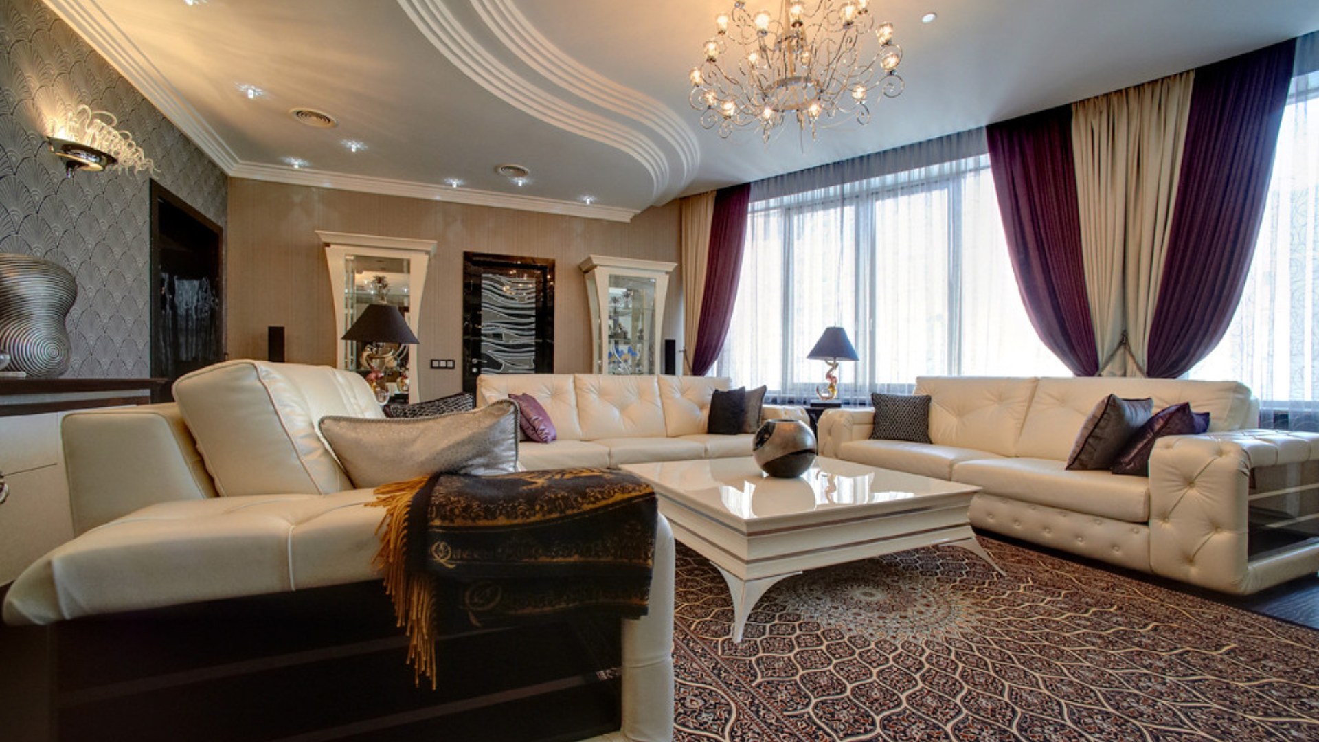 Styled interior room with open shelving and furniture