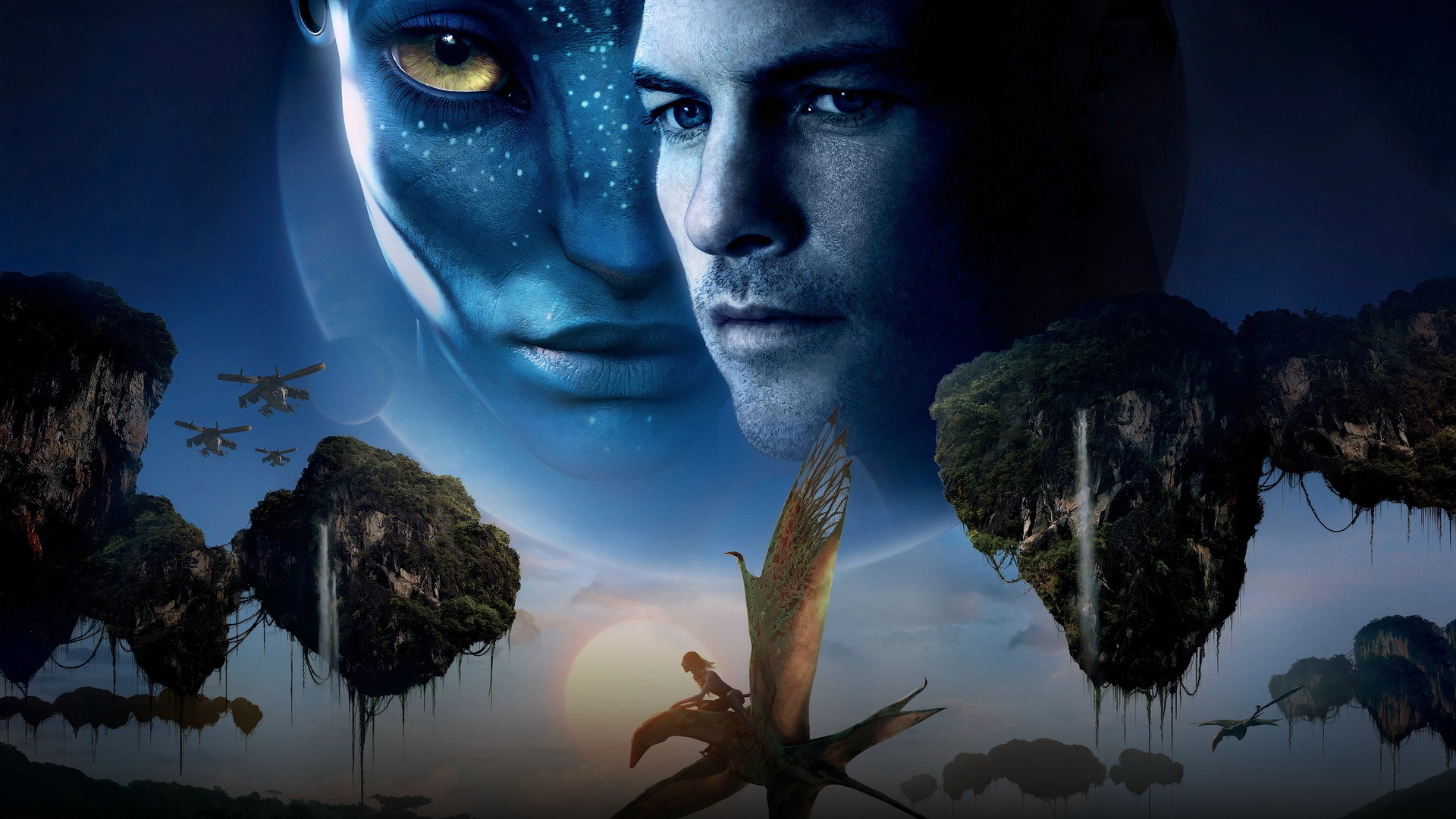 Jake Sully and Neytiri soaring over Pandora's floating Hallelujah Mountains.