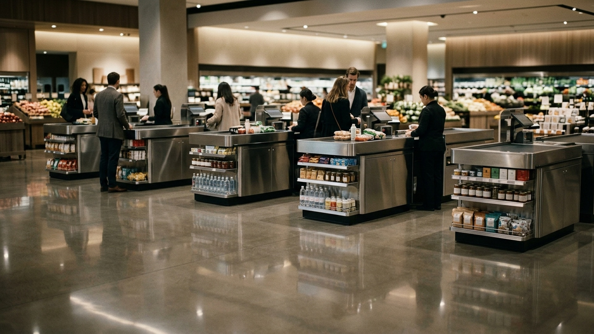 Clean stainless steel conveyor belt and checkout lane divider in a modern grocery store.