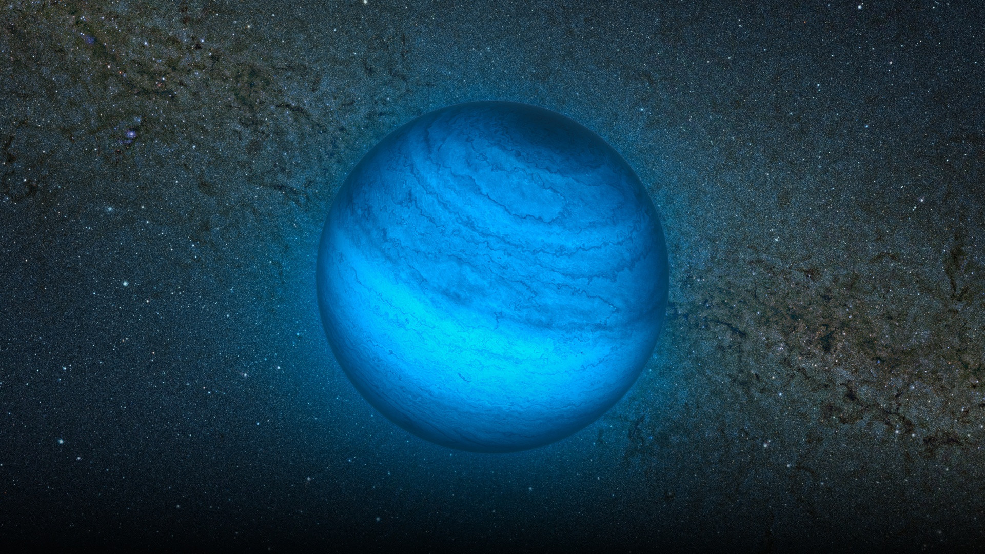 An astronomical visualization of a blue free-floating gas giant planet drifting in deep interstellar space without a host star.