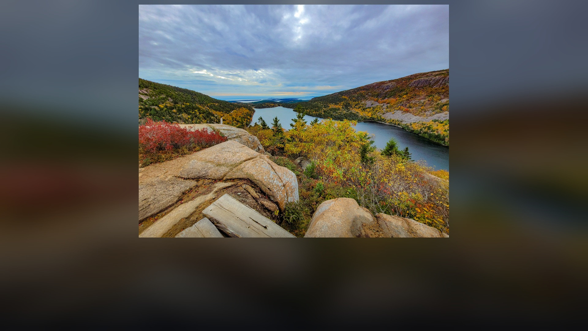 Panoramic landscape vista of Acadia National Park showing natural geological formations, terrain, and wilderness.