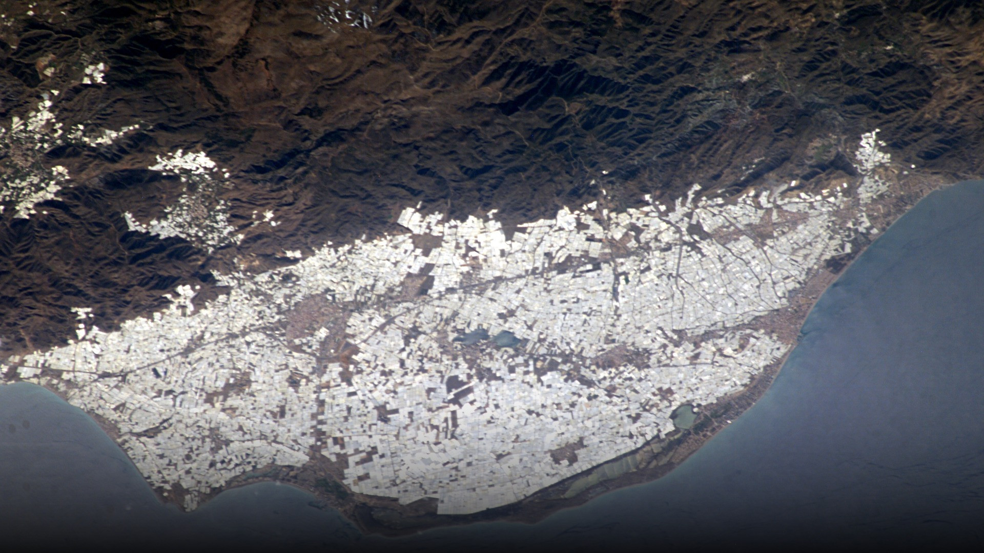 Orbital astronaut and satellite photography of Almería Greenhouses.