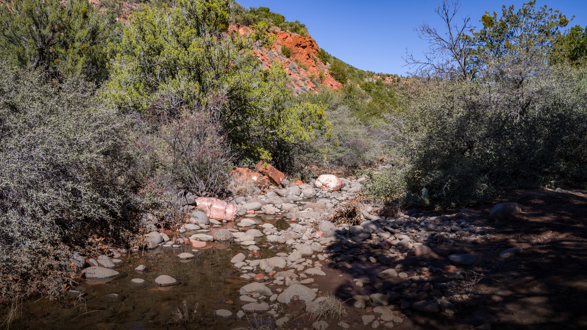 Woods Canyon in Sedona Arizona with dramatic red rock formations dusted in fresh winter snow under clear skies.