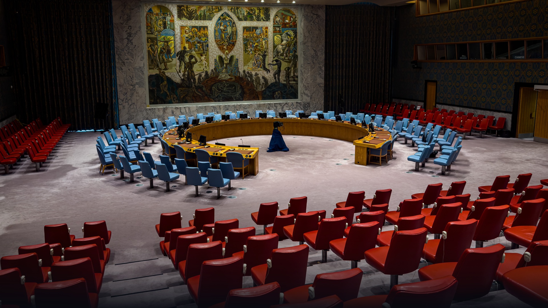 Iconic Security Council and diplomatic chamber at the United Nations Headquarters.