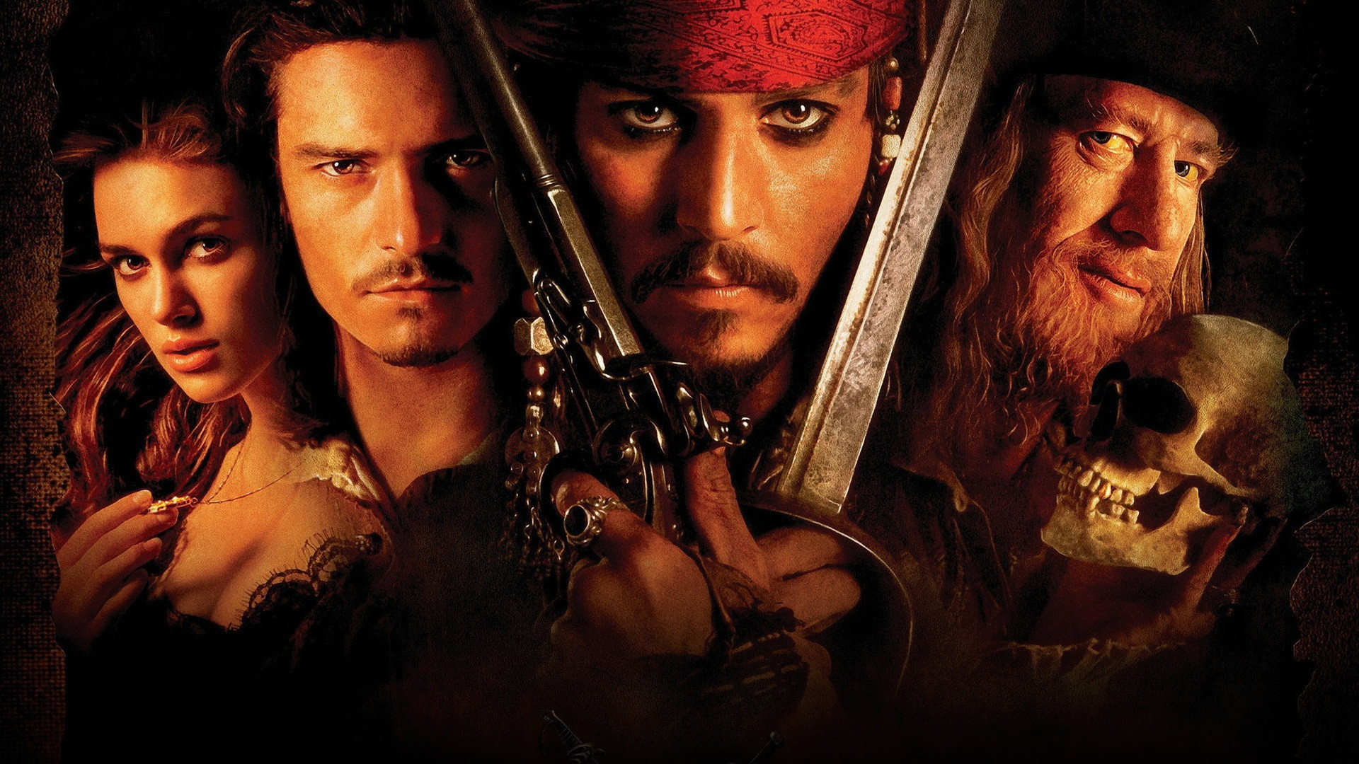 Johnny Depp and Orlando Bloom duel with cutlasses in the blacksmith shop in Pirates.