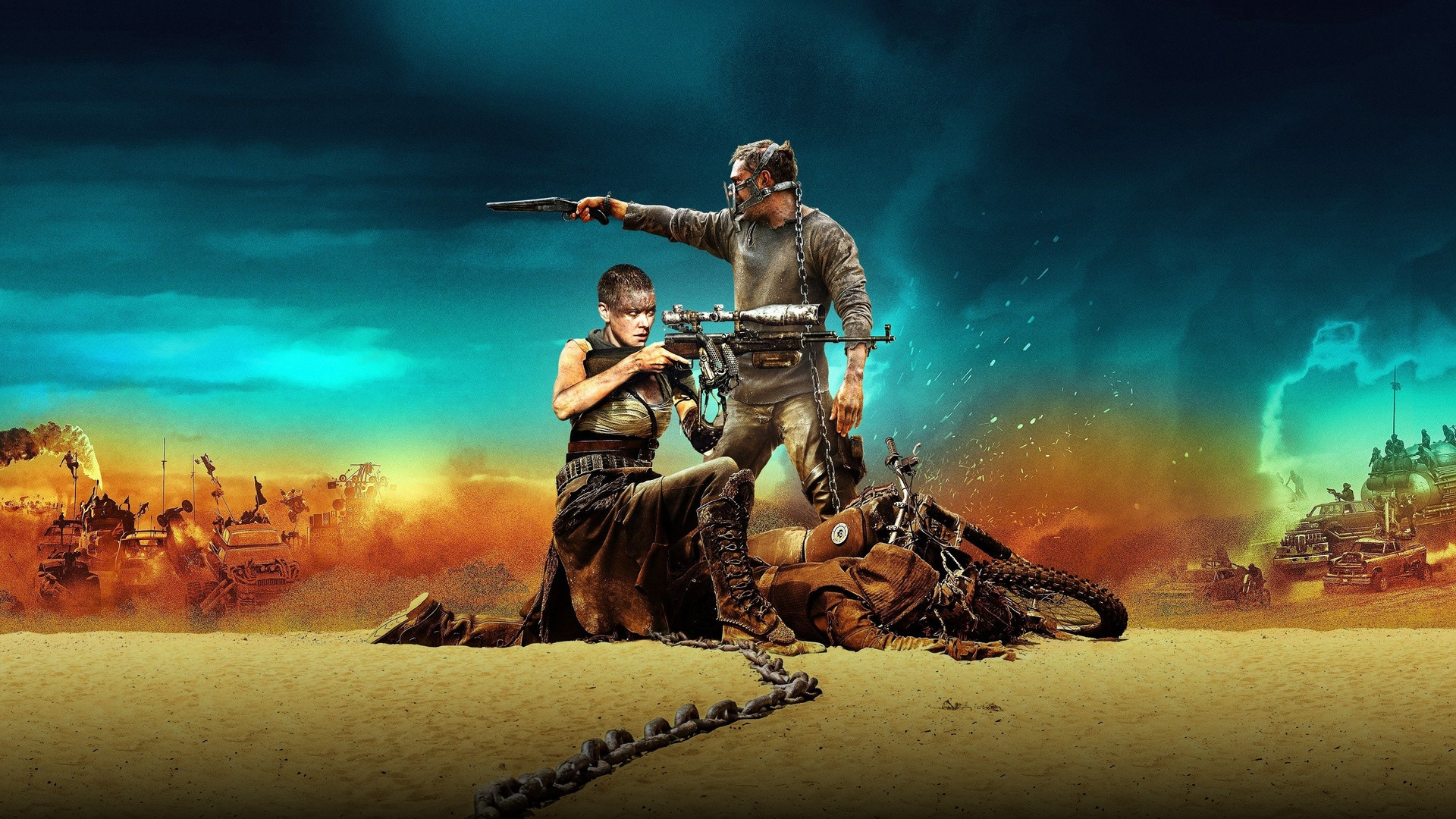 Max and Furiosa aiming weapons back-to-back in the blistering desert as convoy vehicles clash in Mad Max Fury Road.