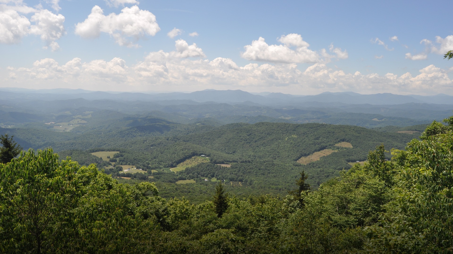 Breathtaking panoramic mountain vista overlooking the rolling blue-hazed ridges of the Blue Ridge Mountains from Grayson Highlands in southwest Virginia.