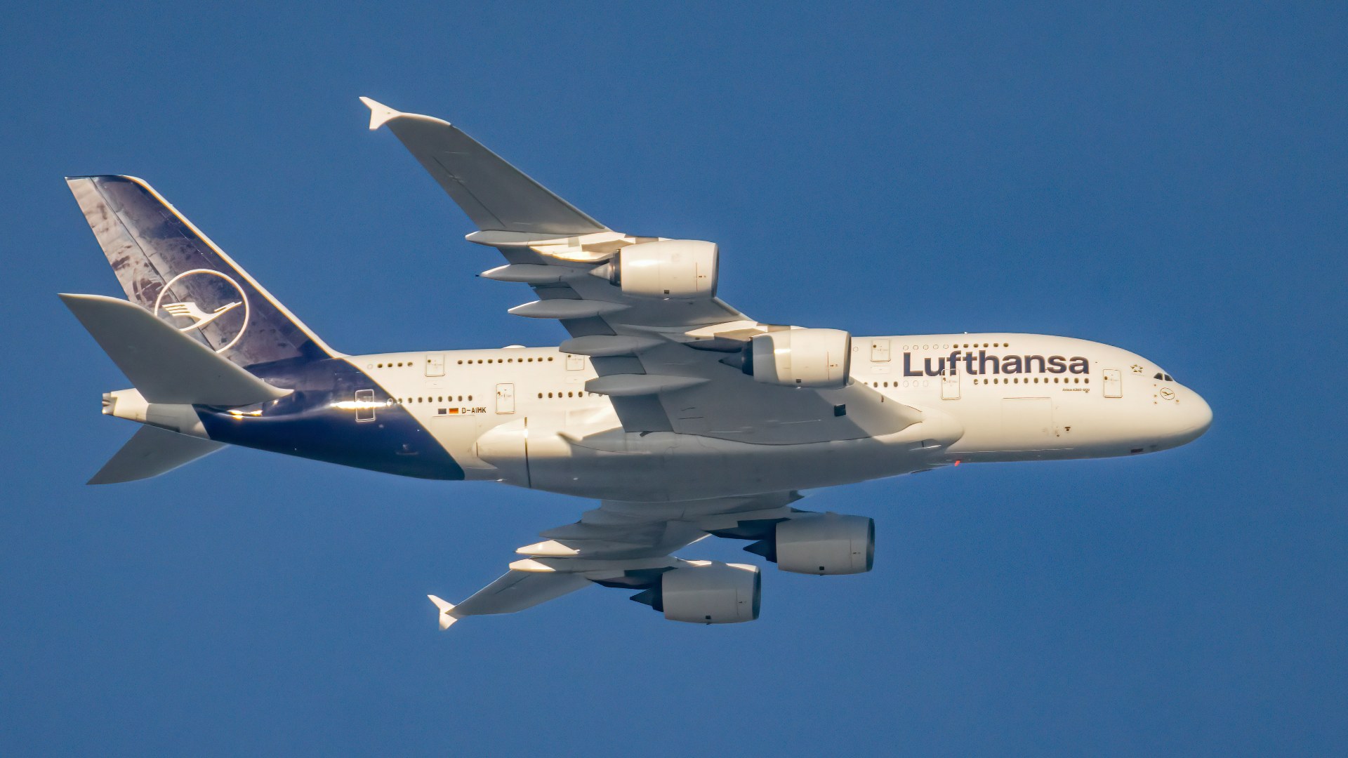 Lufthansa Airbus A380-800 double-decker passenger jetliner in flight over Maryland.