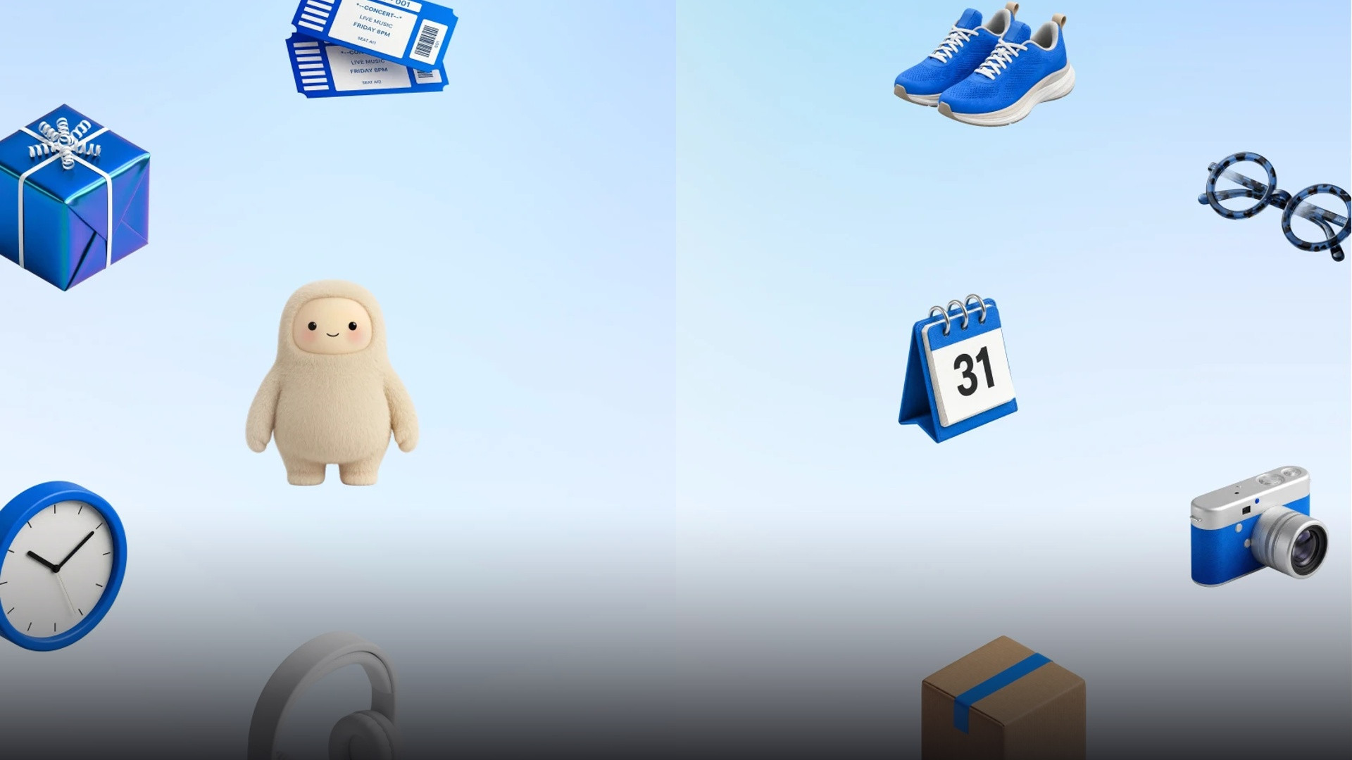 A playful purple 3D mascot avatar surrounded by floating productivity badges, calendar, camera, and tokens.