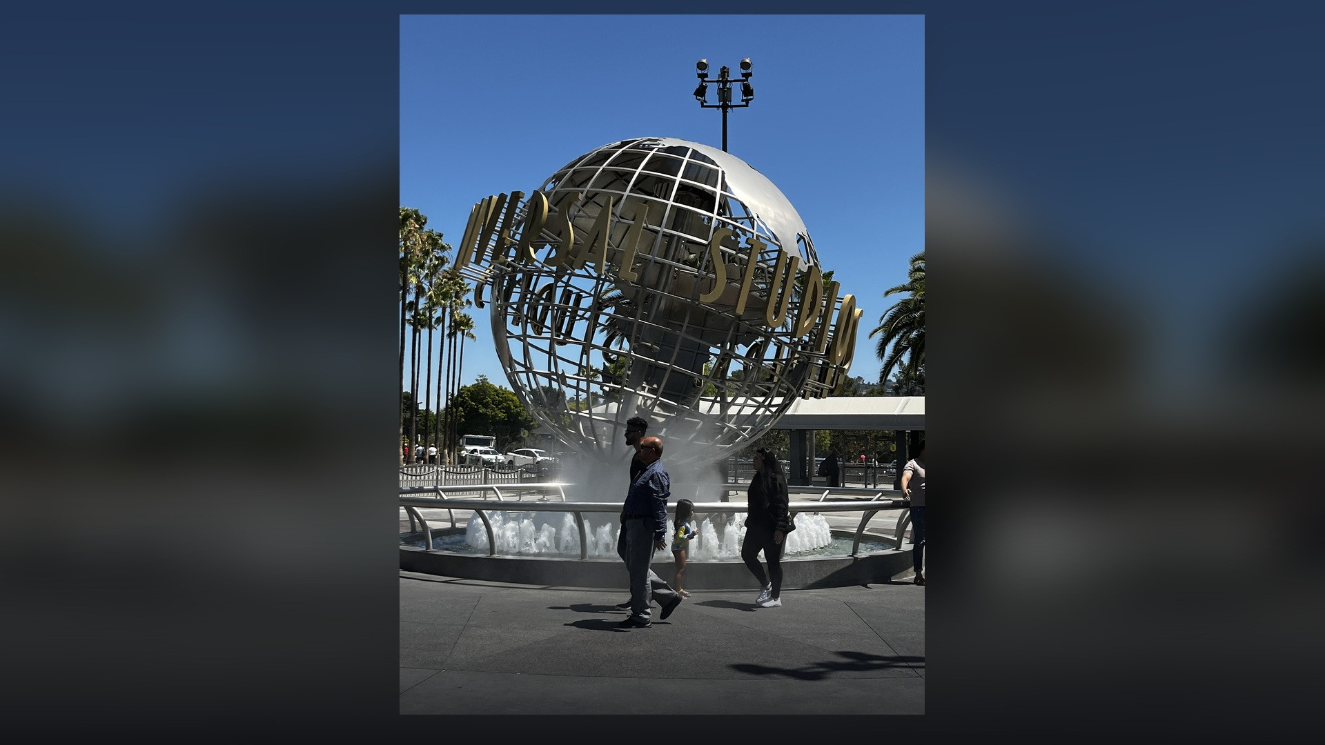 Iconic Universal Studios globe fountain landmark in Hollywood