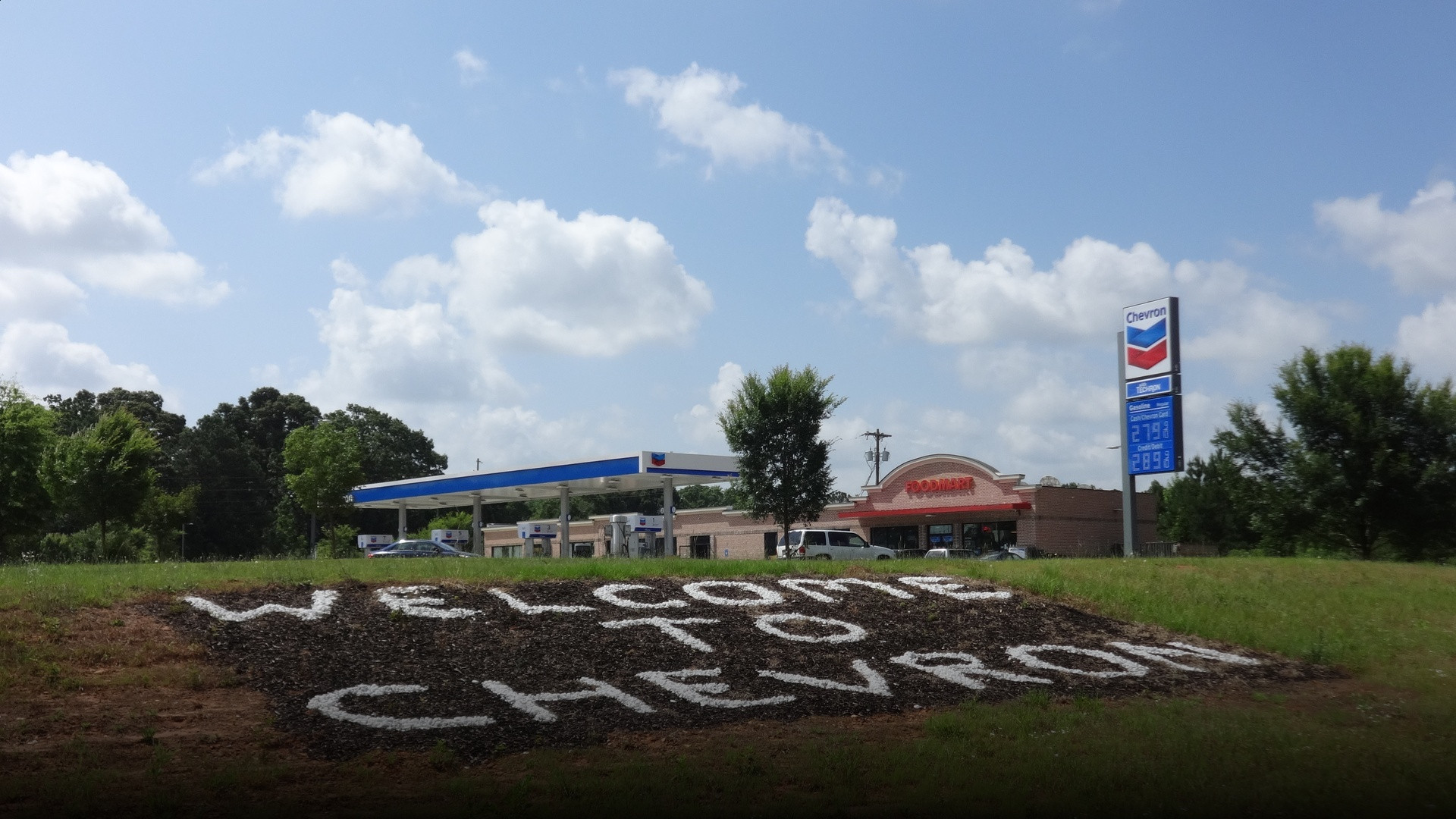 Chevron gas station canopy and pumps in Georgia.