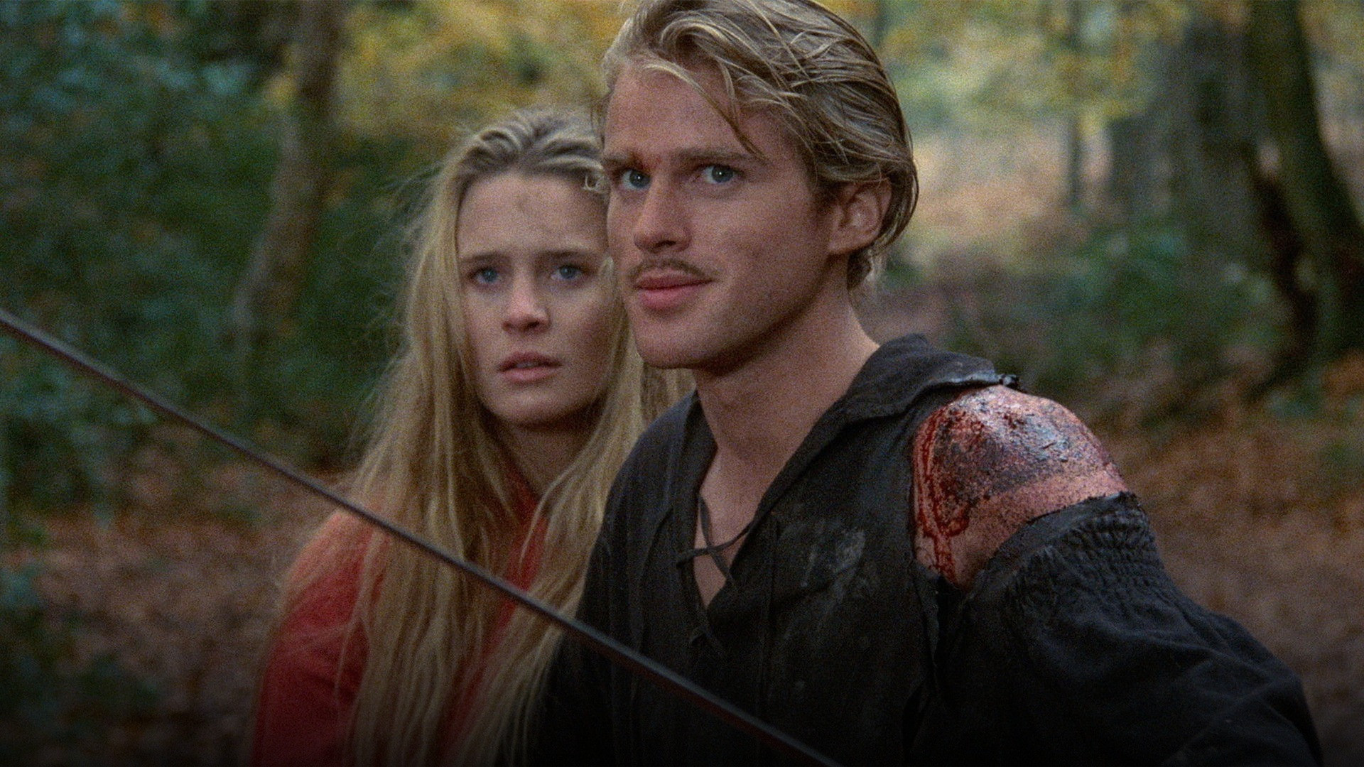 Westley and Inigo Montoya cross swords atop the Cliffs of Insanity in The Princess Bride.