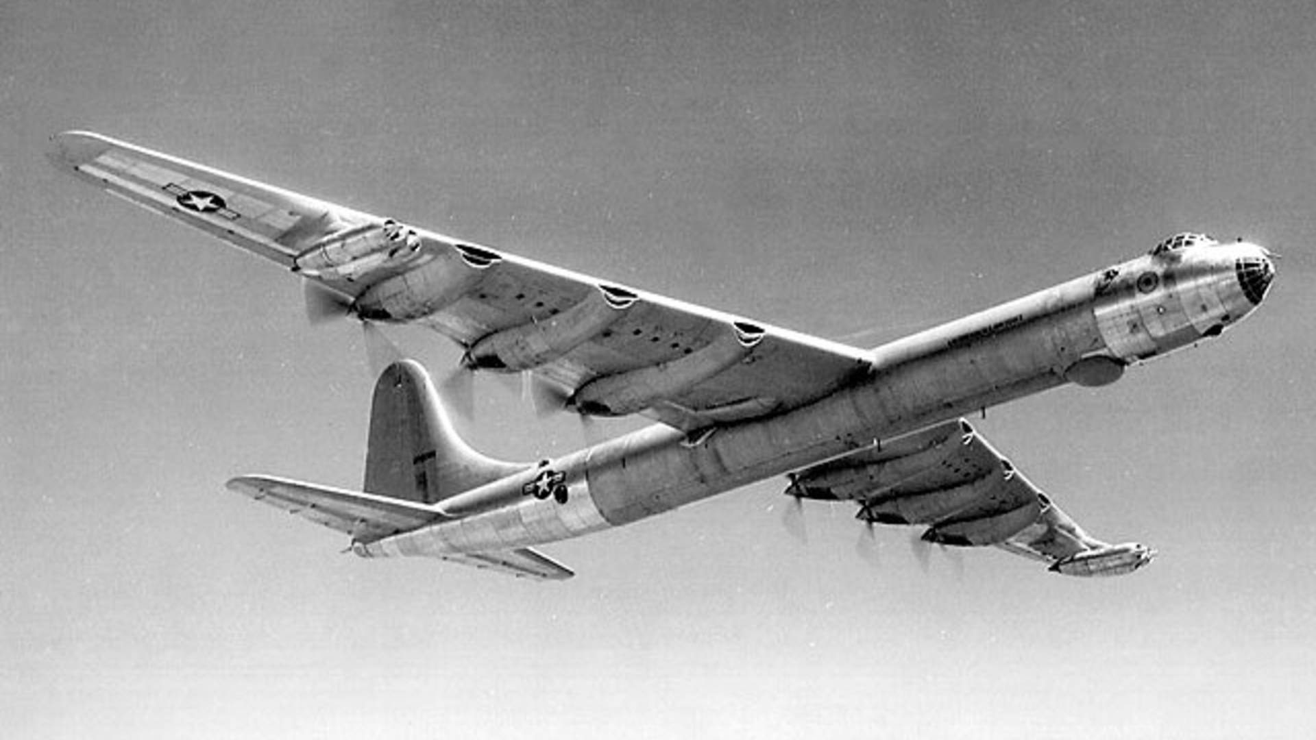 U.S. Air Force Convair B-36J Peacemaker ten-engine strategic bomber flying above the clouds.
